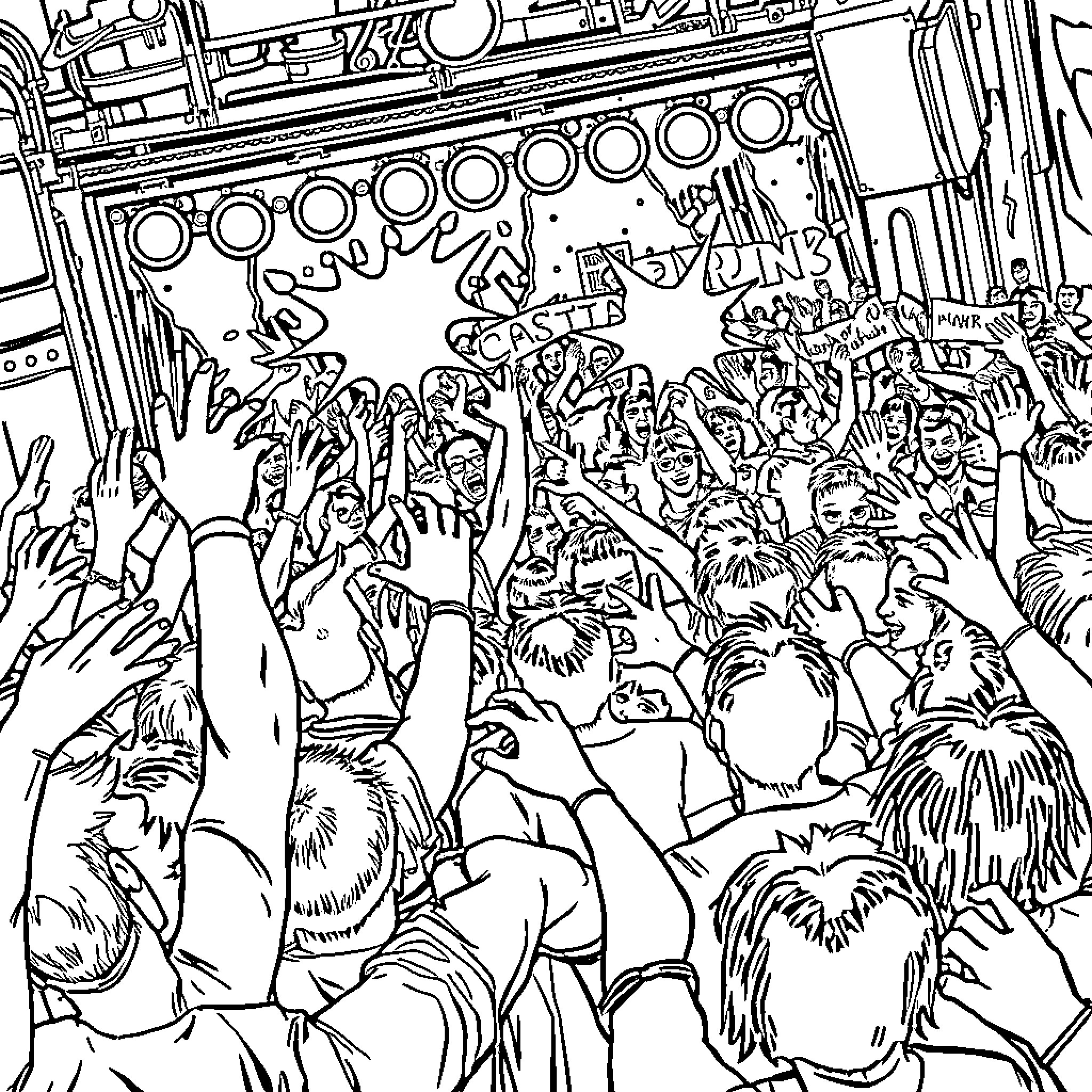 Concert of enthusiastic fans at a music festival Coloring Page (free black-and-white line drawing printable PDF for all, from beginners to advanced learners, including children, teens, adults, and seniors)