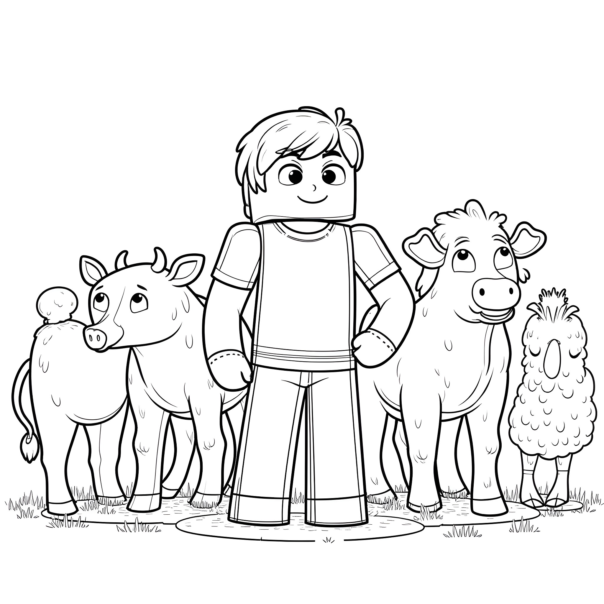 Minecraft Boy surrounded by farm animals Coloring Page (free black-and-white line drawing printable PDF for all, from beginners to advanced learners, including children, teens, adults, and seniors)