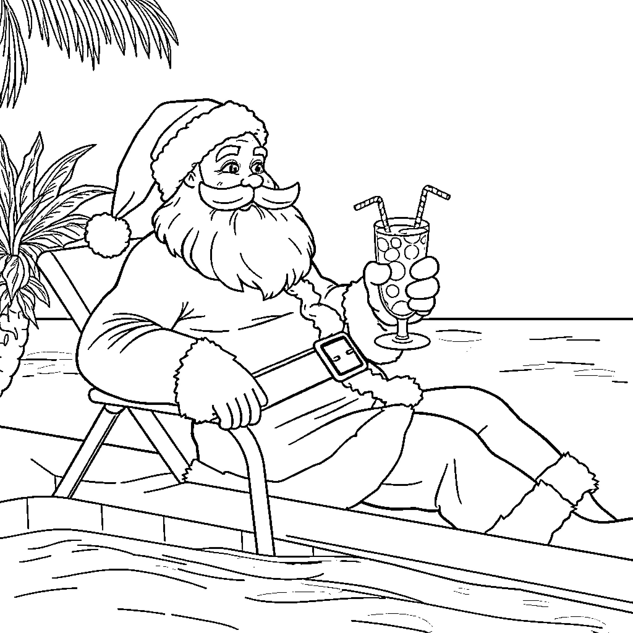 Santa Claus relaxing on the beach with a refreshing drink Coloring Page (free black-and-white line drawing printable PDF for all, from beginners to advanced learners, including children, teens, adults, and seniors)