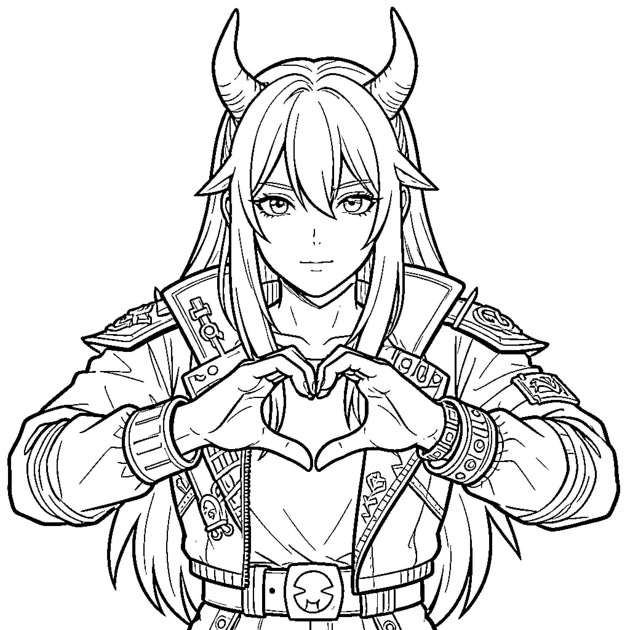 Kpop Demon Hunter making a heart gesture with hands Coloring Page (free black-and-white line drawing printable PDF for all, from beginners to advanced learners, including children, teens, adults, and seniors)