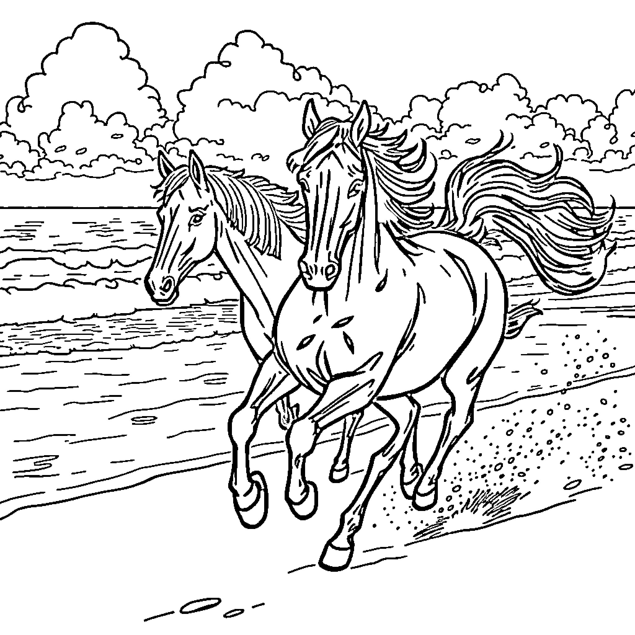 Horse running freely on the beach Coloring Page (free black-and-white line drawing printable PDF for all, from beginners to advanced learners, including children, teens, adults, and seniors)