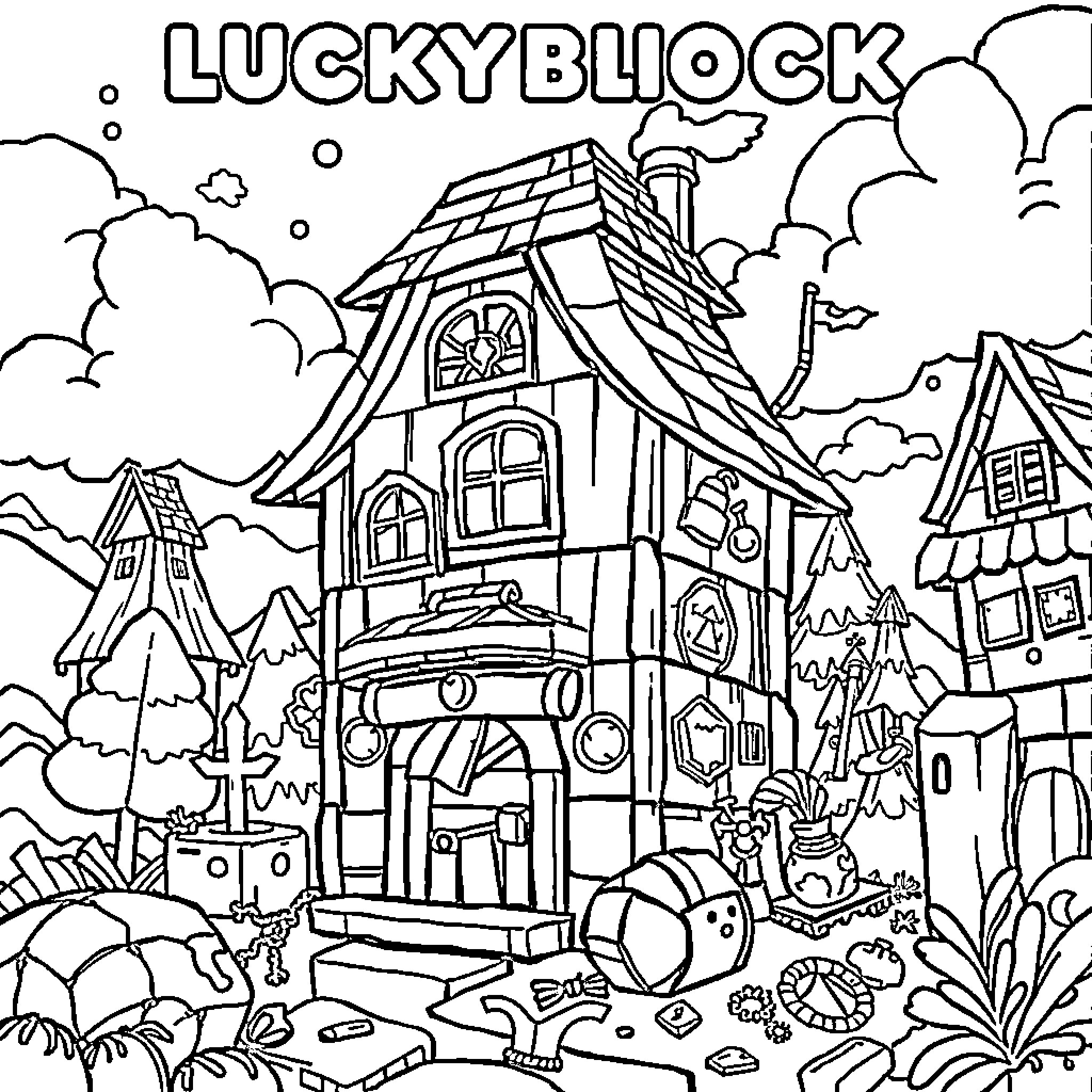 Luckyblock - Whimsical town with unique buildings and characters Coloring Page (free black-and-white line drawing printable PDF for all, from beginners to advanced learners, including children, teens, adults, and seniors)