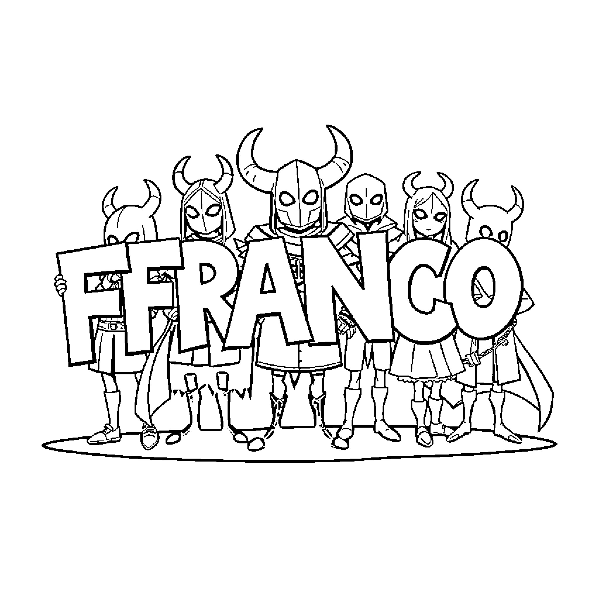 Hollow Knight characters posing together Coloring Page (free black-and-white line drawing printable PDF for all, from beginners to advanced learners, including children, teens, adults, and seniors)