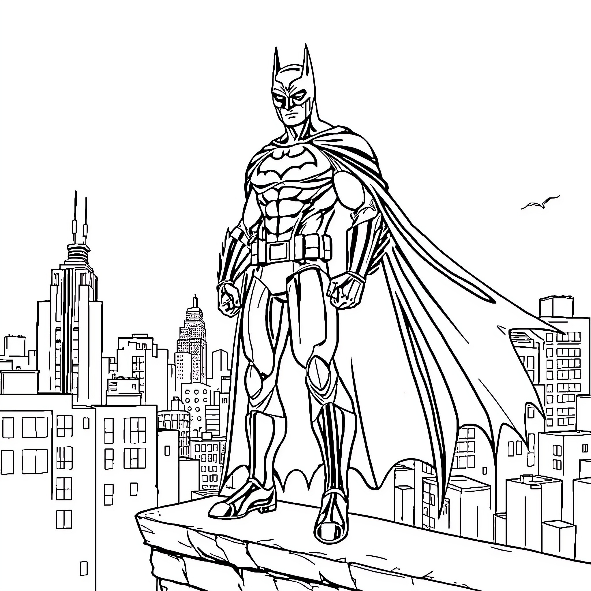 Batman standing tall in the city skyline Coloring Page (free black-and-white line drawing printable PDF for all, from beginners to advanced learners, including children, teens, adults, and seniors)