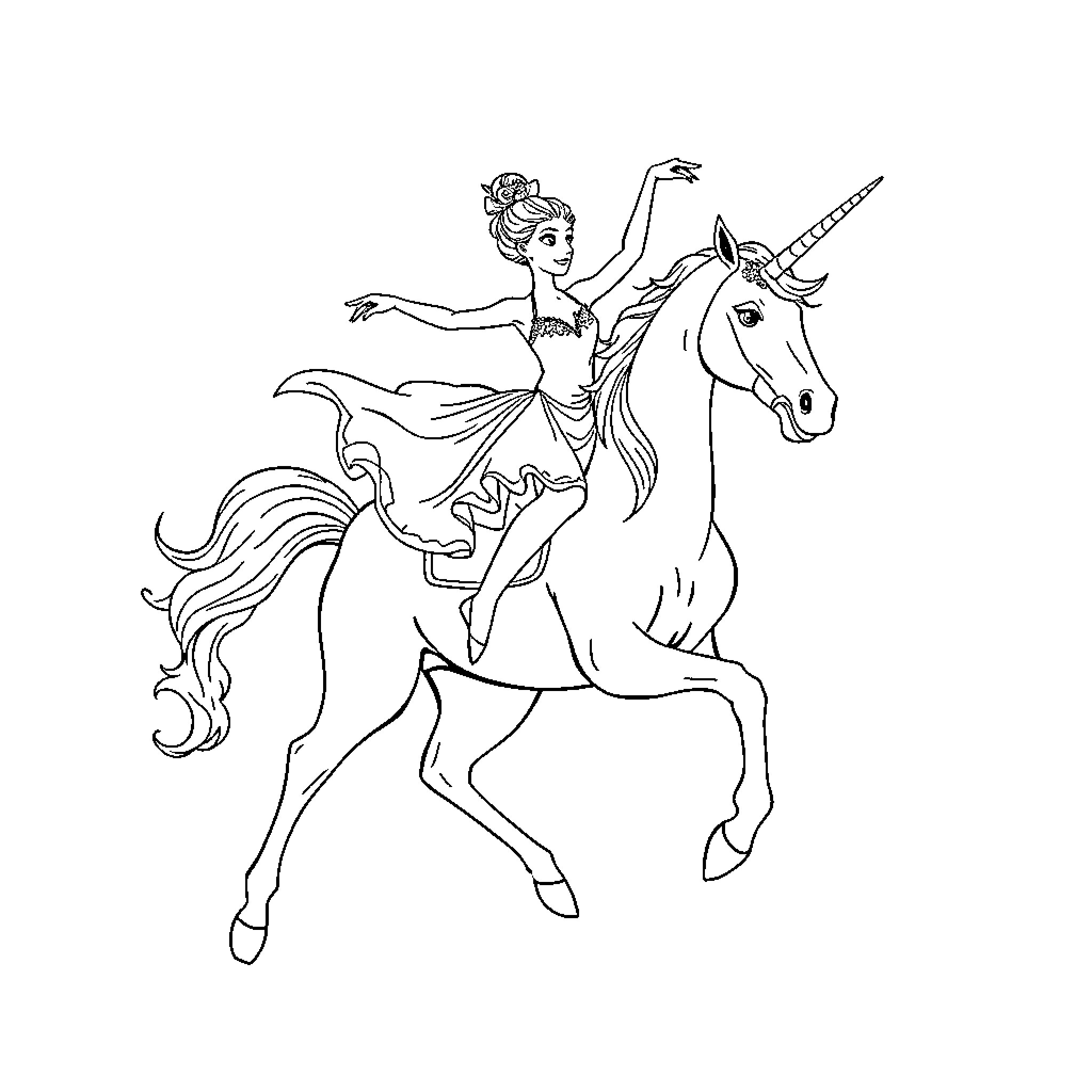 Ballerina riding a unicorn with grace and elegance Coloring Page (free black-and-white line drawing printable PDF for all, from beginners to advanced learners, including children, teens, adults, and seniors)