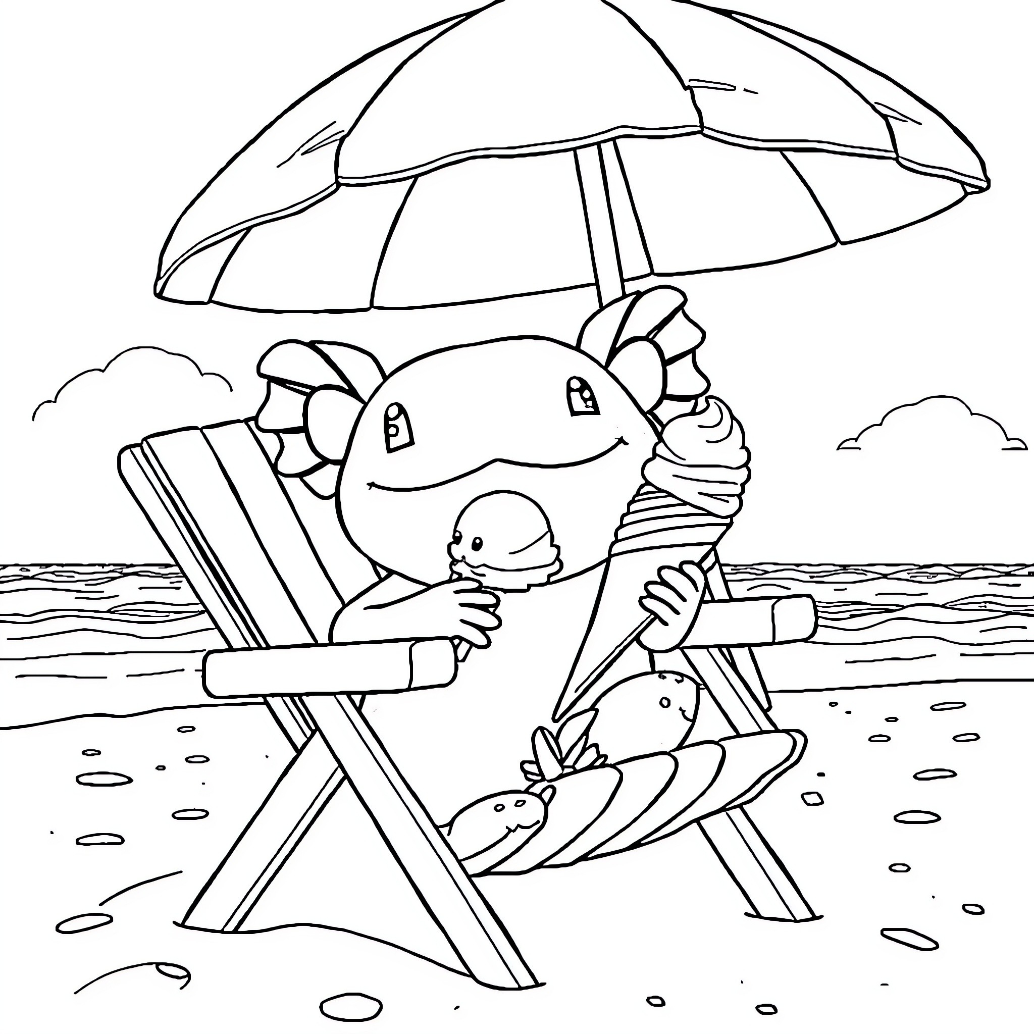 Axolotl relaxing on the beach under an umbrella Coloring Page (free black-and-white line drawing printable PDF for all, from beginners to advanced learners, including children, teens, adults, and seniors)