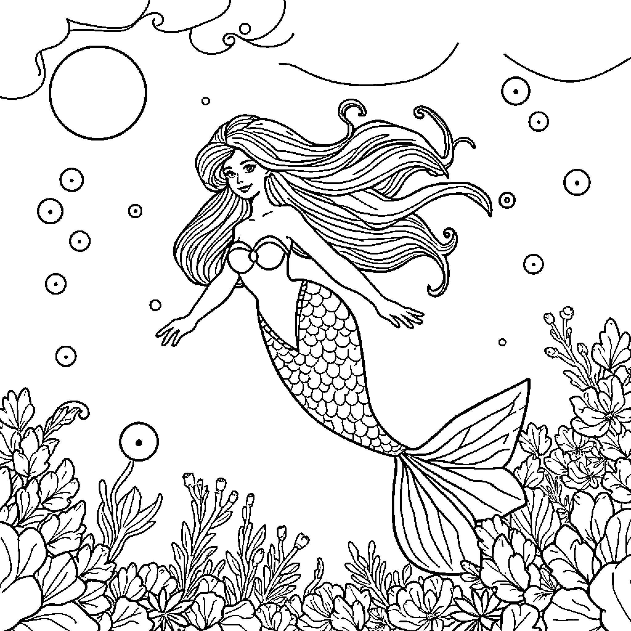 Mermaid swimming gracefully in the underwater garden Coloring Page (free black-and-white line drawing printable PDF for all, from beginners to advanced learners, including children, teens, adults, and seniors)