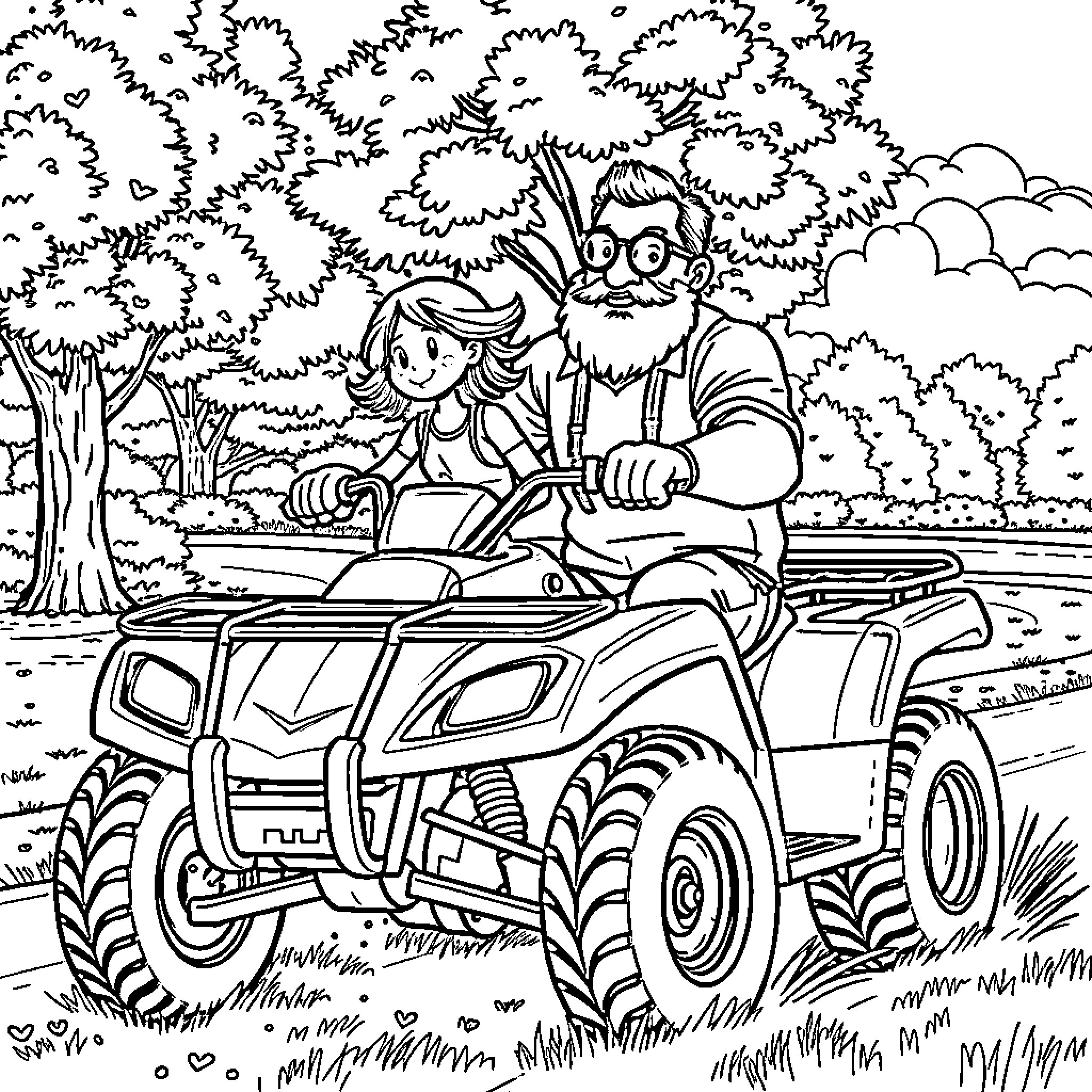 Girl rides ATV in the forest with grandparent Coloring Page (free black-and-white line drawing printable PDF for all, from beginners to advanced learners, including children, teens, adults, and seniors)
