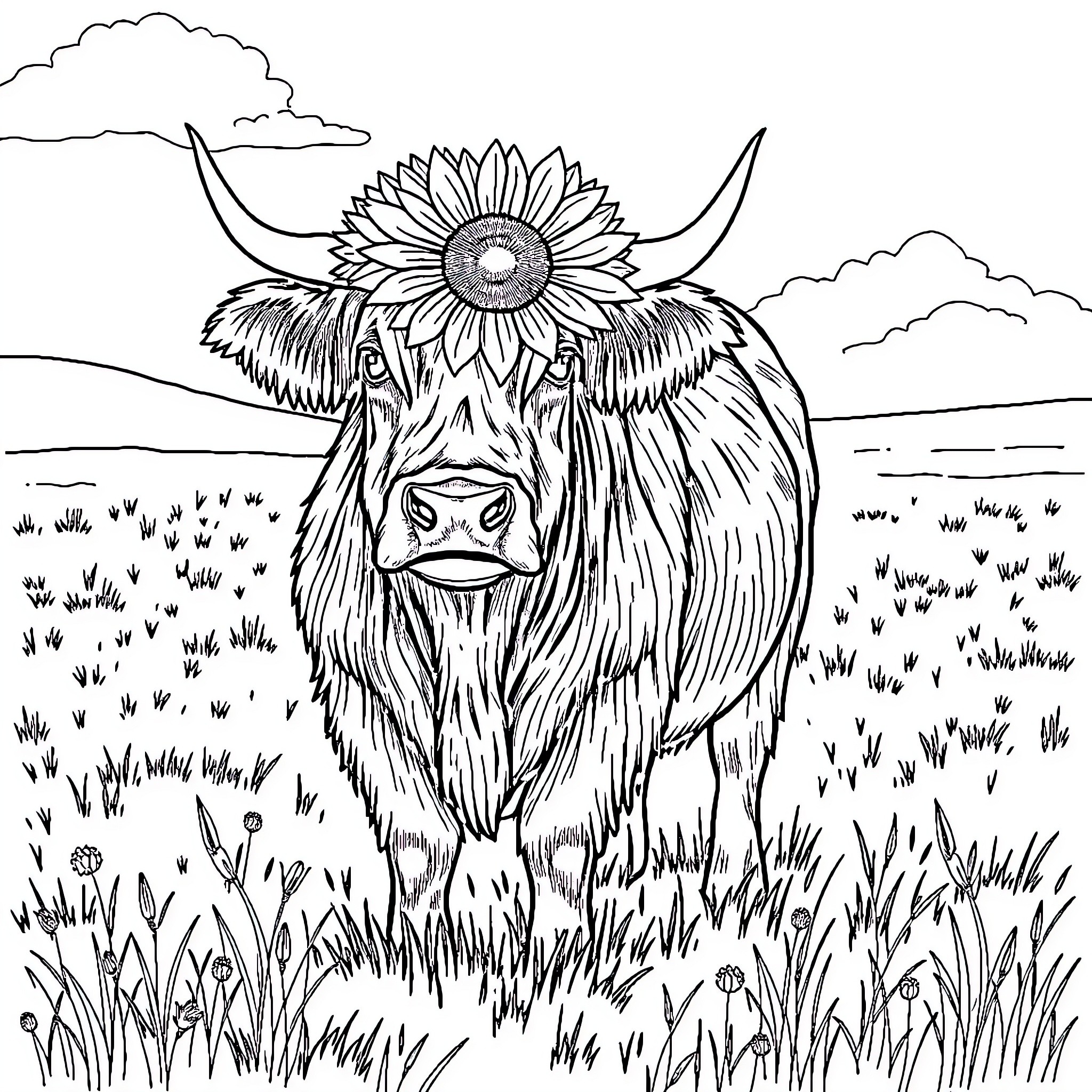 Highland Cow enjoying the meadow landscape Coloring Page (free black-and-white line drawing printable PDF for all, from beginners to advanced learners, including children, teens, adults, and seniors)