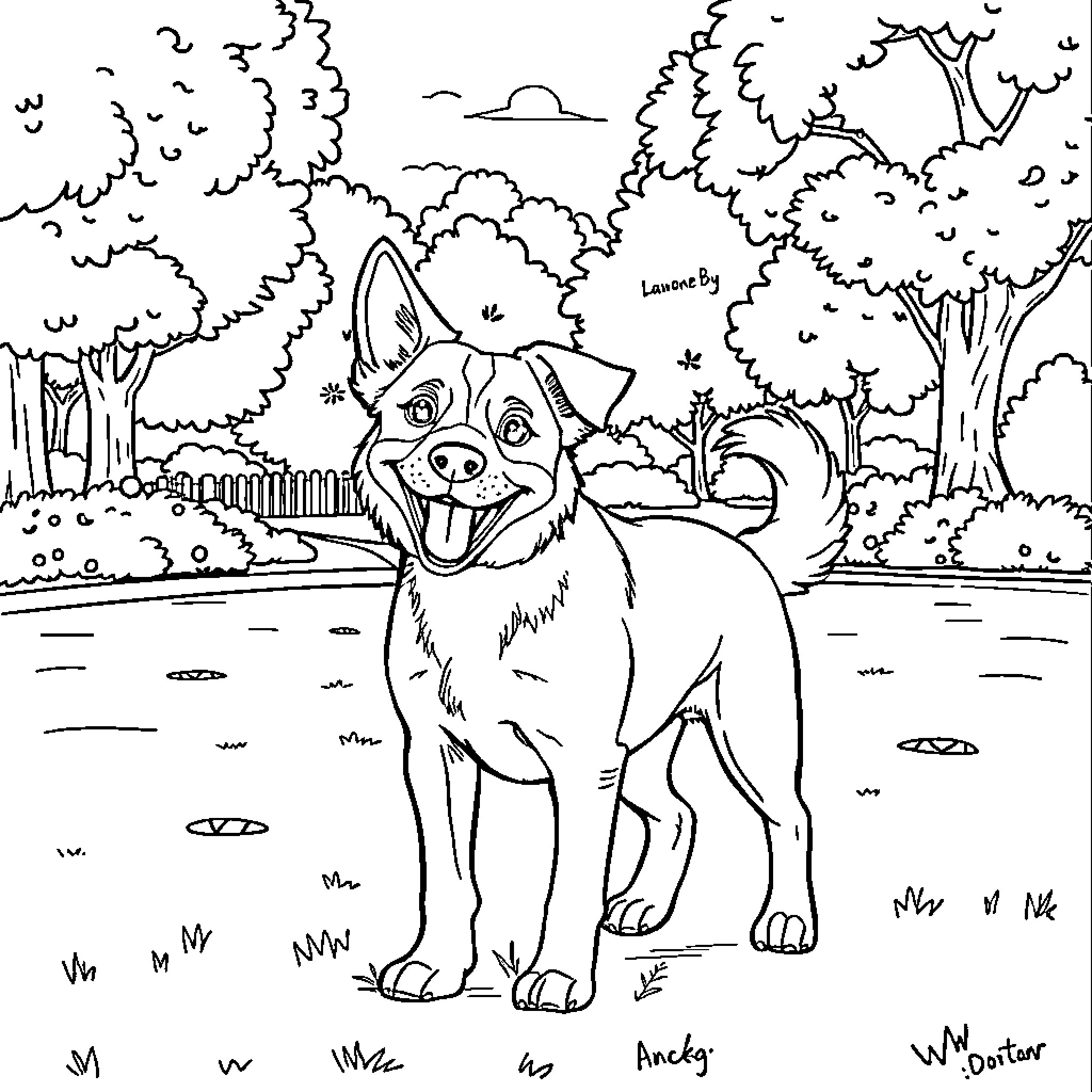 Dog exploring the forest with happiness Coloring Page (free black-and-white line drawing printable PDF for all, from beginners to advanced learners, including children, teens, adults, and seniors)