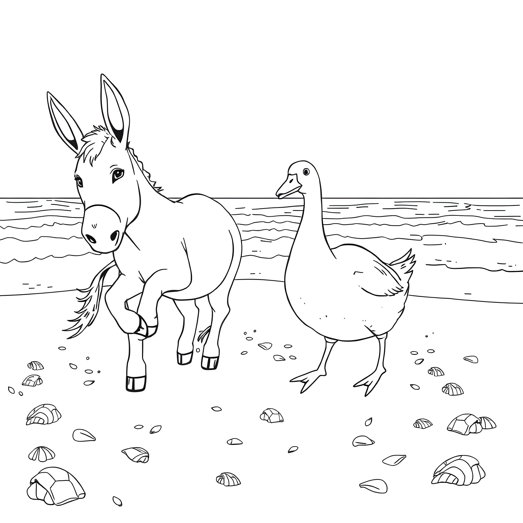 Donkey and duck exploring the beach together Coloring Page (free black-and-white line drawing printable PDF for all, from beginners to advanced learners, including children, teens, adults, and seniors)