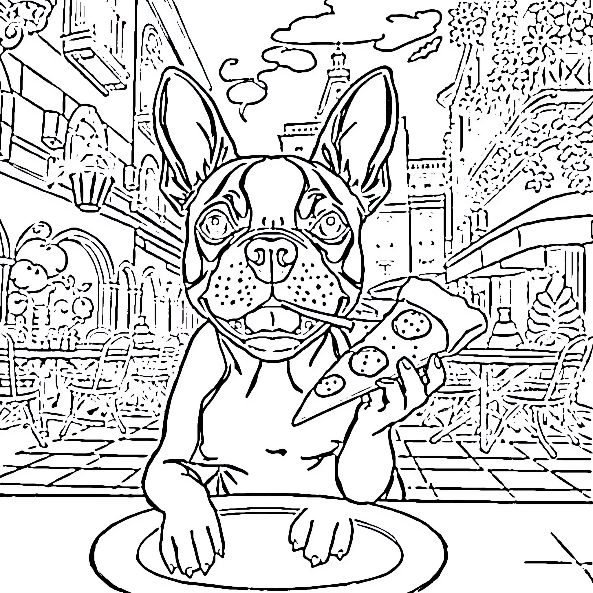 Boston Terrier patiently waiting in the city Coloring Page (free black-and-white line drawing printable PDF for all, from beginners to advanced learners, including children, teens, adults, and seniors)