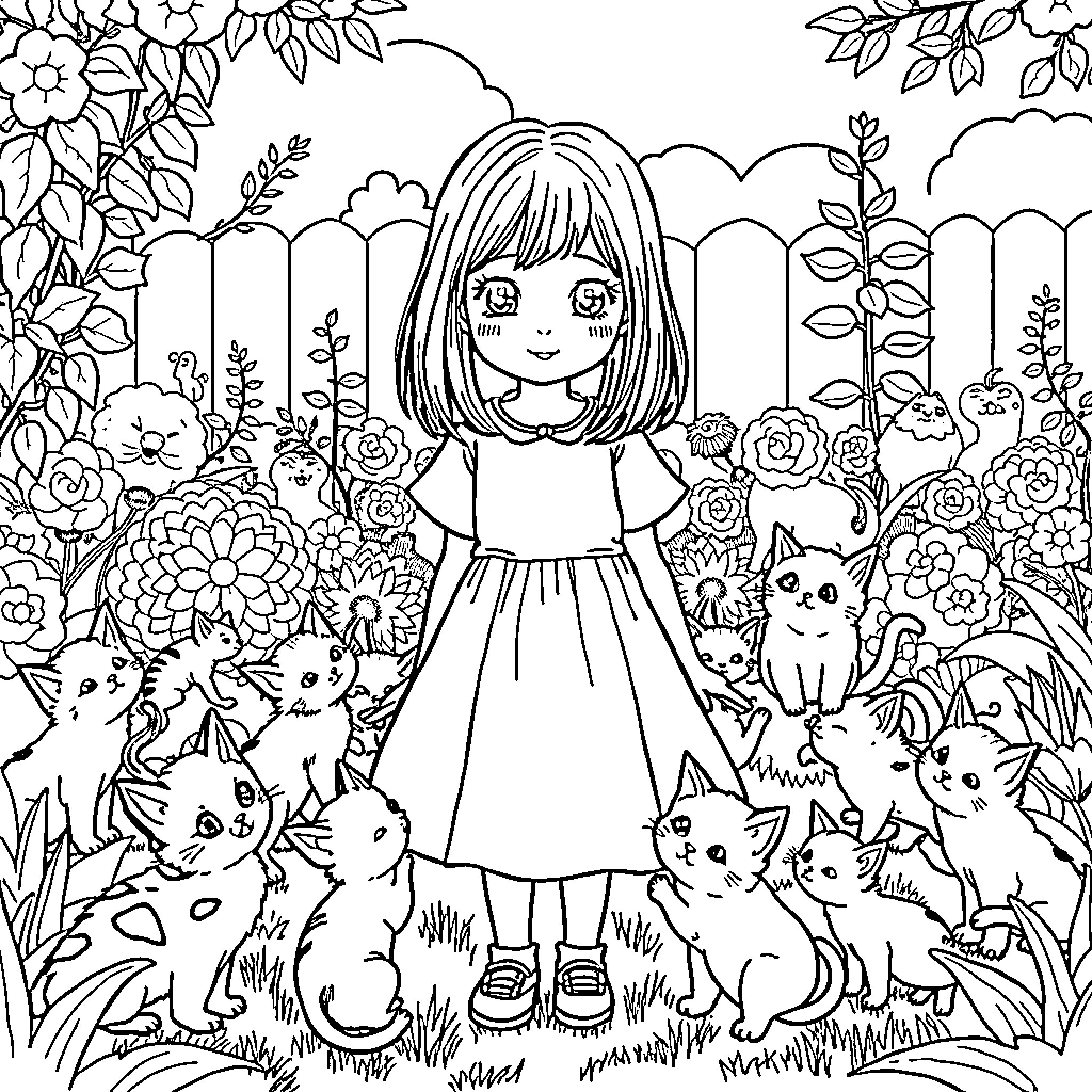 Kitten and the Girl in the Garden Coloring Page (free black-and-white line drawing printable PDF for all, from beginners to advanced learners, including children, teens, adults, and seniors)