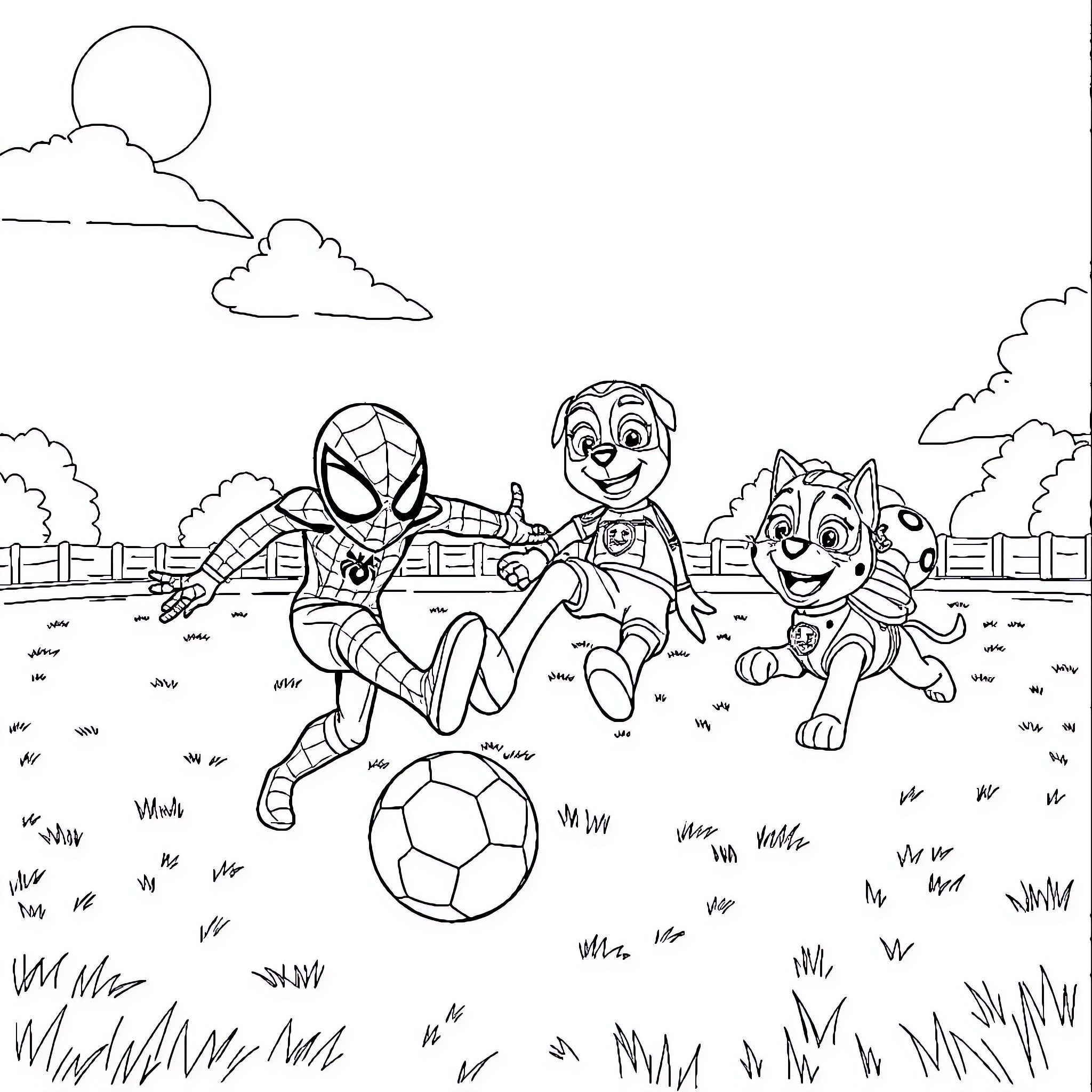Spiderman and friends playing with a soccer ball Coloring Page (free black-and-white line drawing printable PDF for all, from beginners to advanced learners, including children, teens, adults, and seniors)