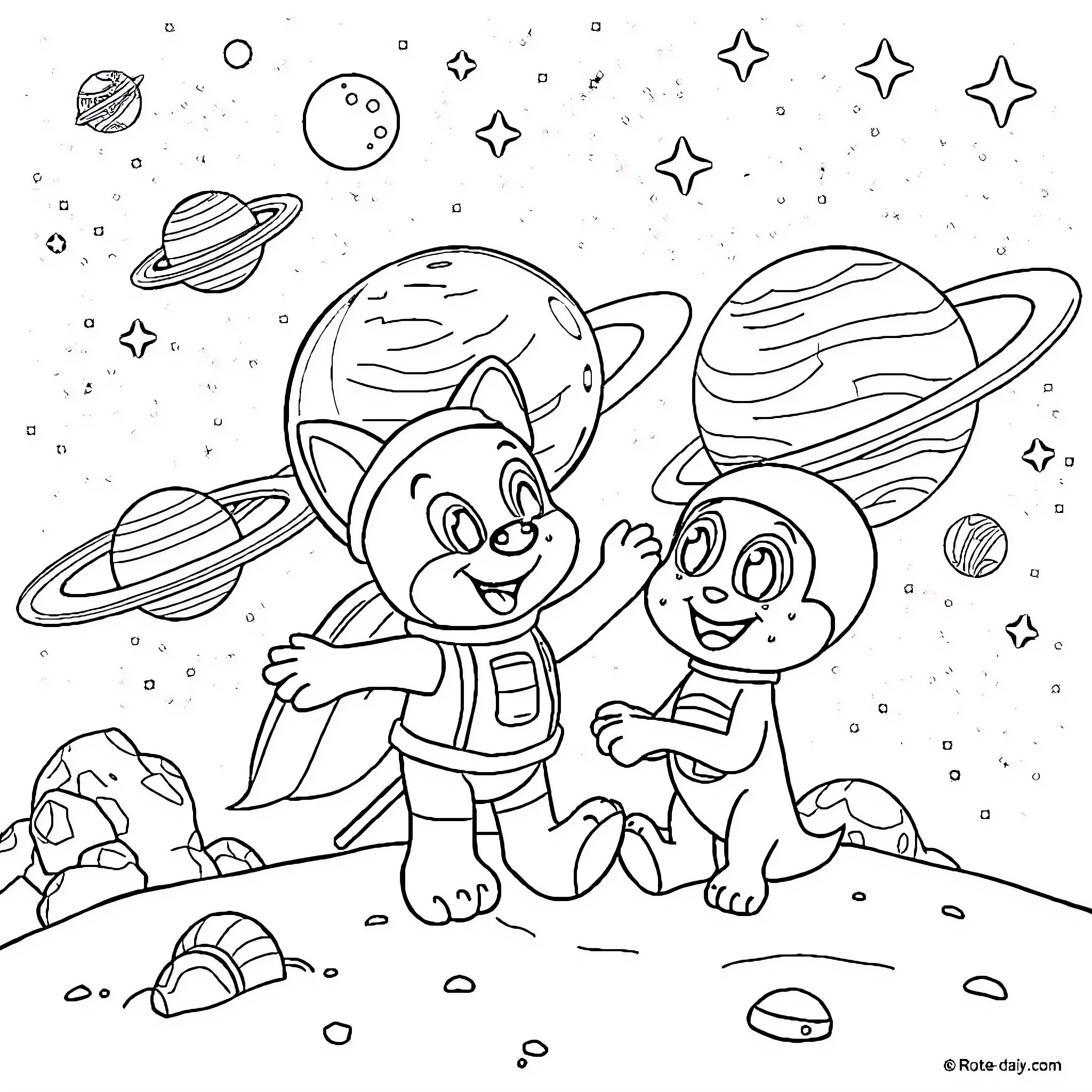 Bluey and Friends Explore the Galactic Adventure Coloring Page (free black-and-white line drawing printable PDF for all, from beginners to advanced learners, including children, teens, adults, and seniors)