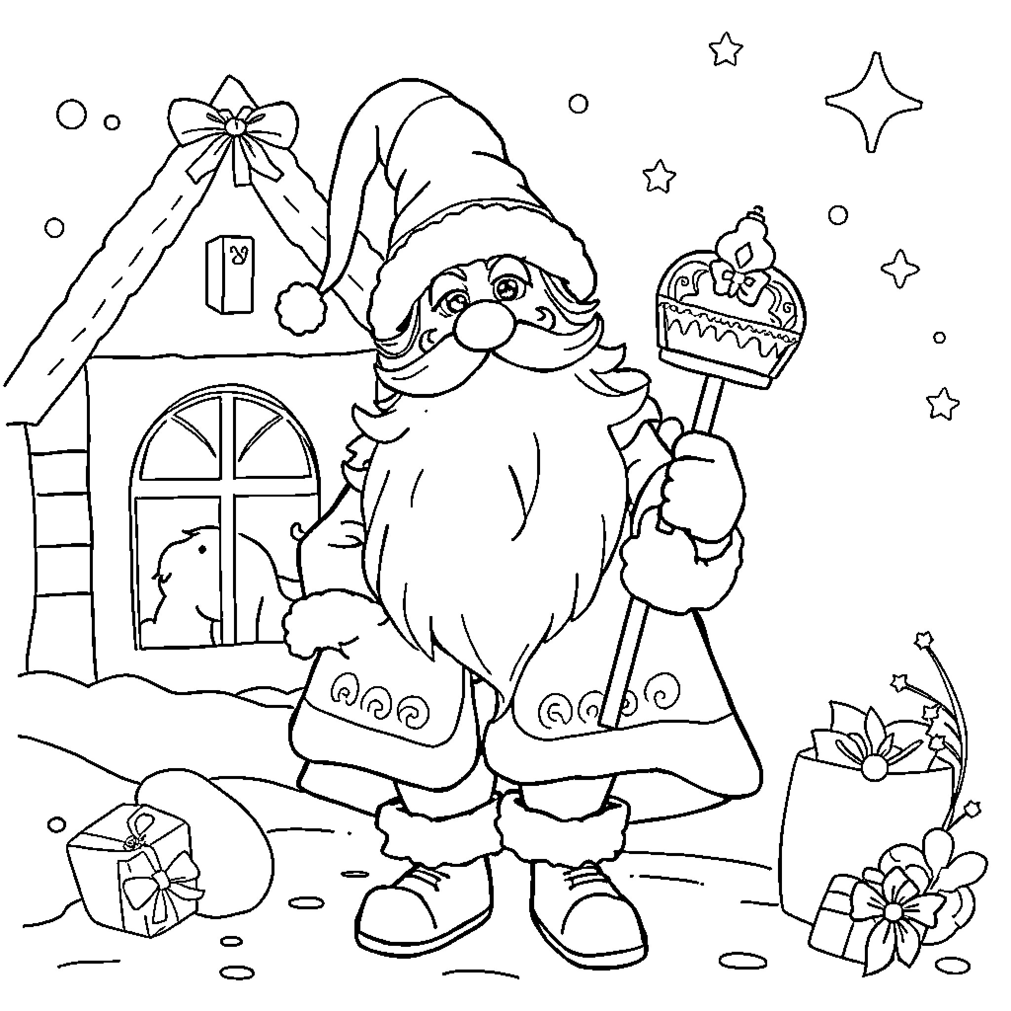 Unicorn gnome celebrating the holiday season Coloring Page (free black-and-white line drawing printable PDF for all, from beginners to advanced learners, including children, teens, adults, and seniors)