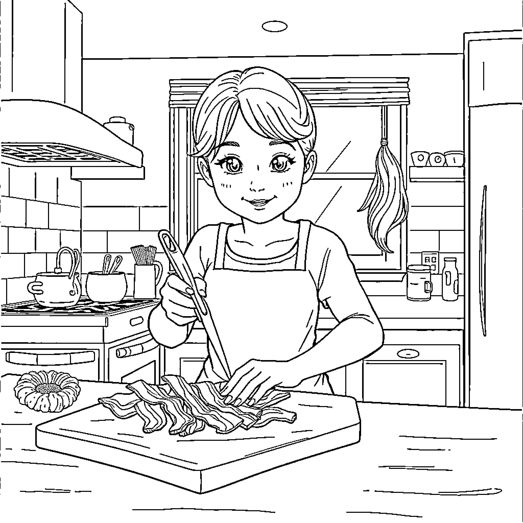 Girl preparing a meal in the kitchen Coloring Page (free black-and-white line drawing printable PDF for all, from beginners to advanced learners, including children, teens, adults, and seniors)