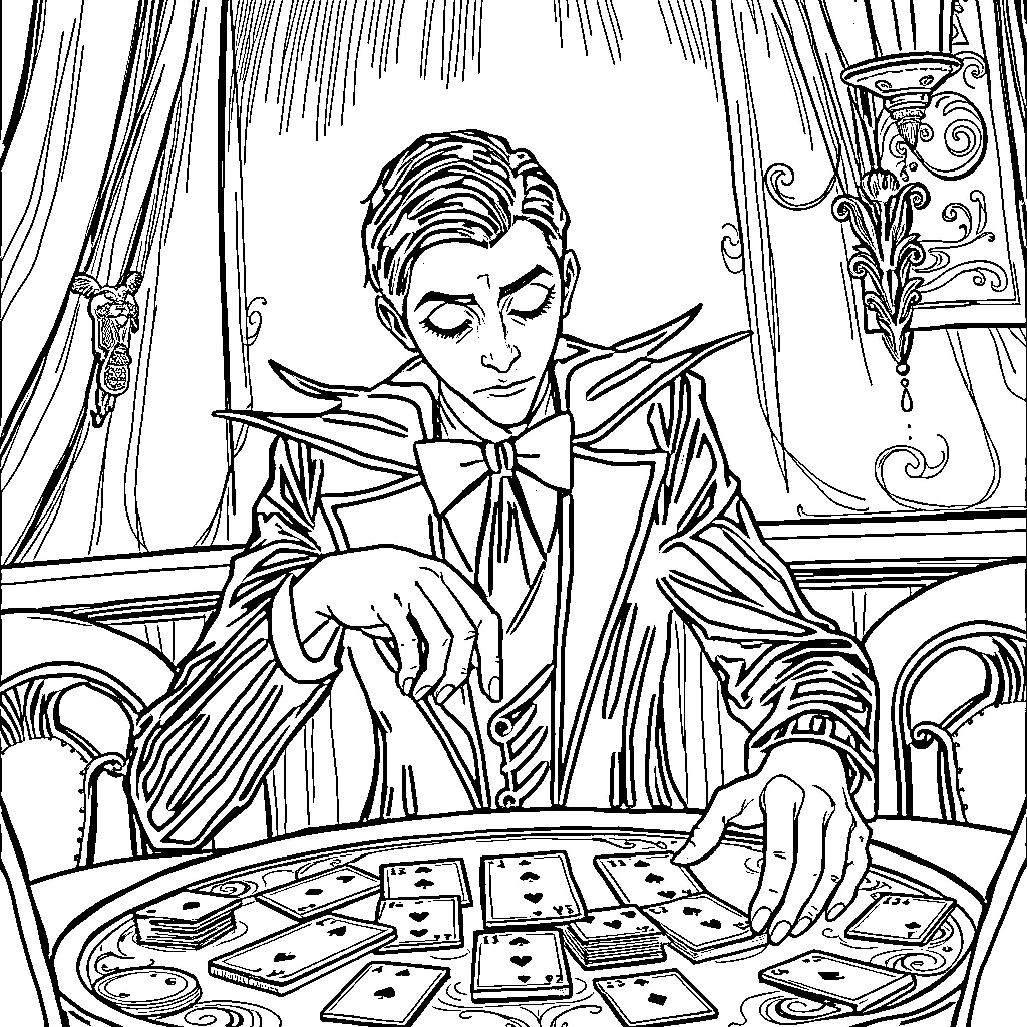 Wednesday Magician Performs Card Tricks in Ornate Study Coloring Page (free black-and-white line drawing printable PDF for all, from beginners to advanced learners, including children, teens, adults, and seniors)