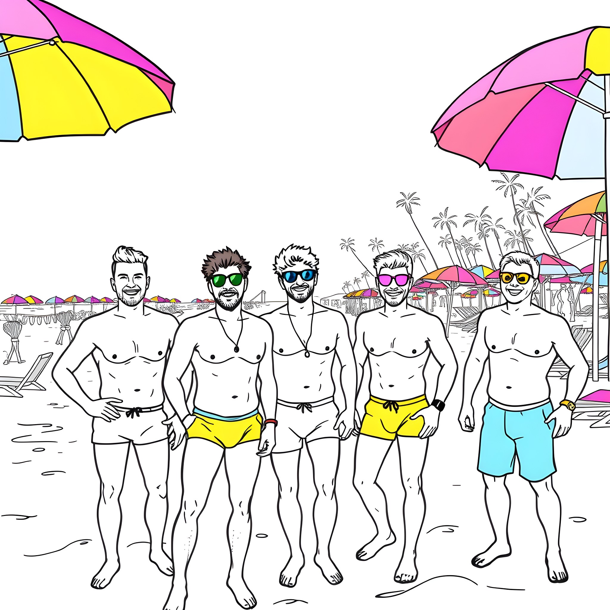 Men enjoying a sunny day at the beach Coloring Page (free black-and-white line drawing printable PDF for all, from beginners to advanced learners, including children, teens, adults, and seniors)