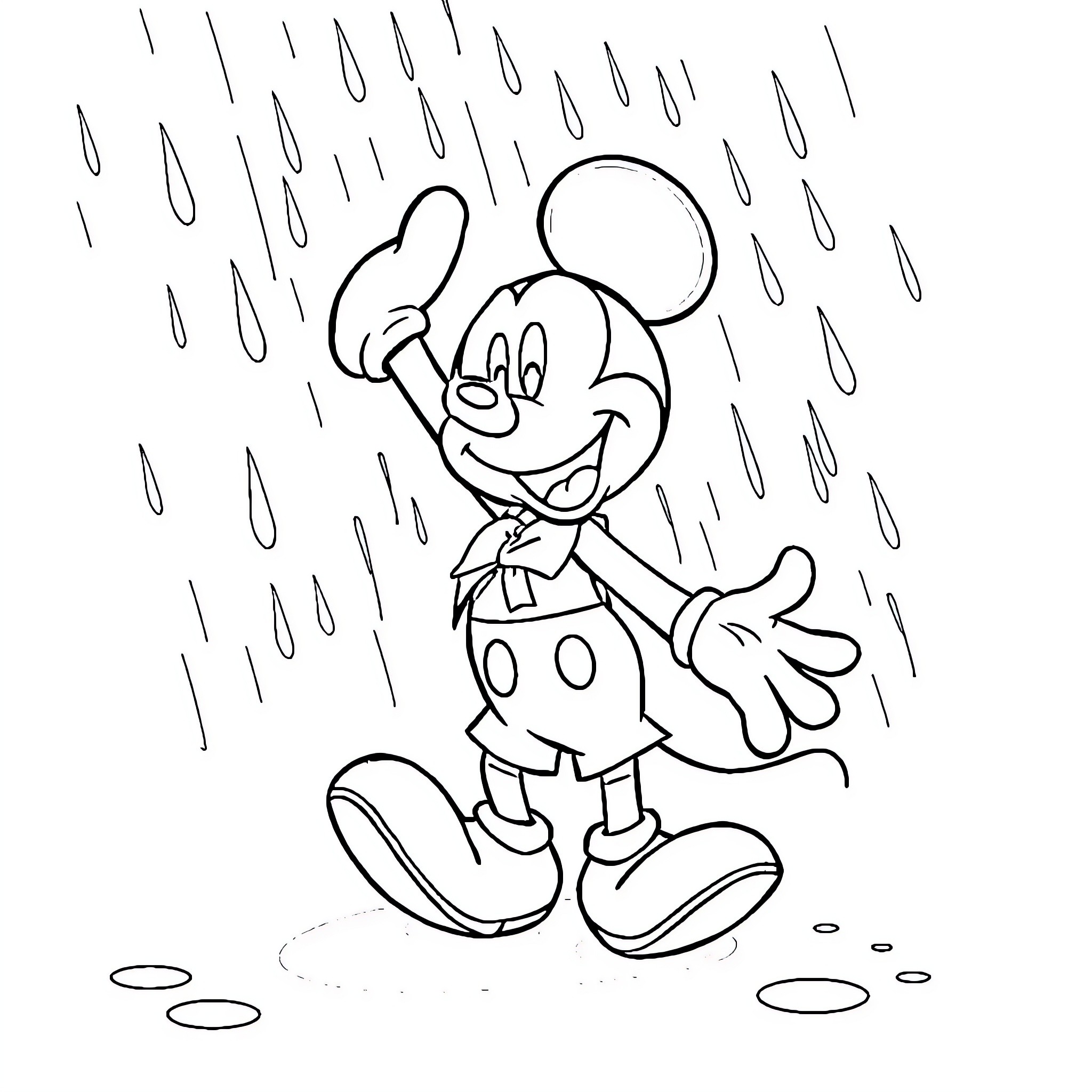 Mickey enjoying the rain with a smile Coloring Page (free black-and-white line drawing printable PDF for all, from beginners to advanced learners, including children, teens, adults, and seniors)