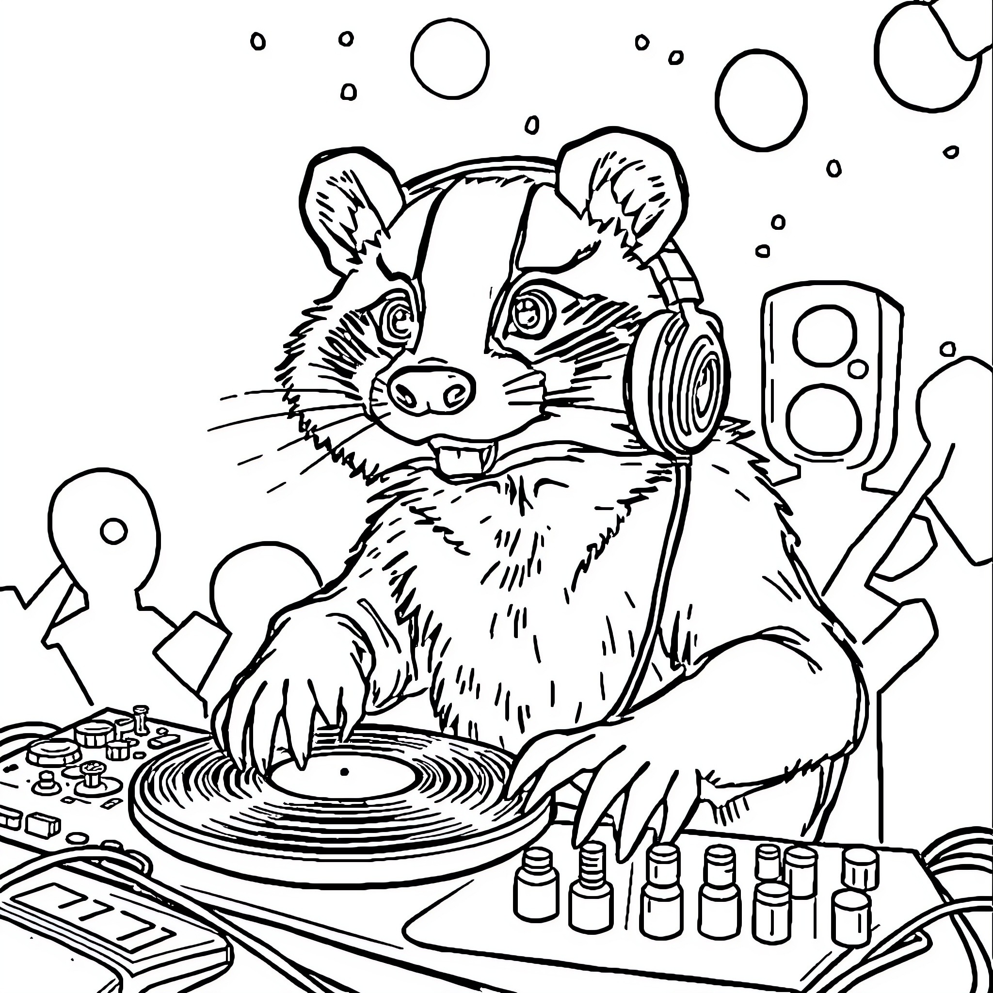 Badger DJ playing music with headphones and turntable Coloring Page (free black-and-white line drawing printable PDF for all, from beginners to advanced learners, including children, teens, adults, and seniors)
