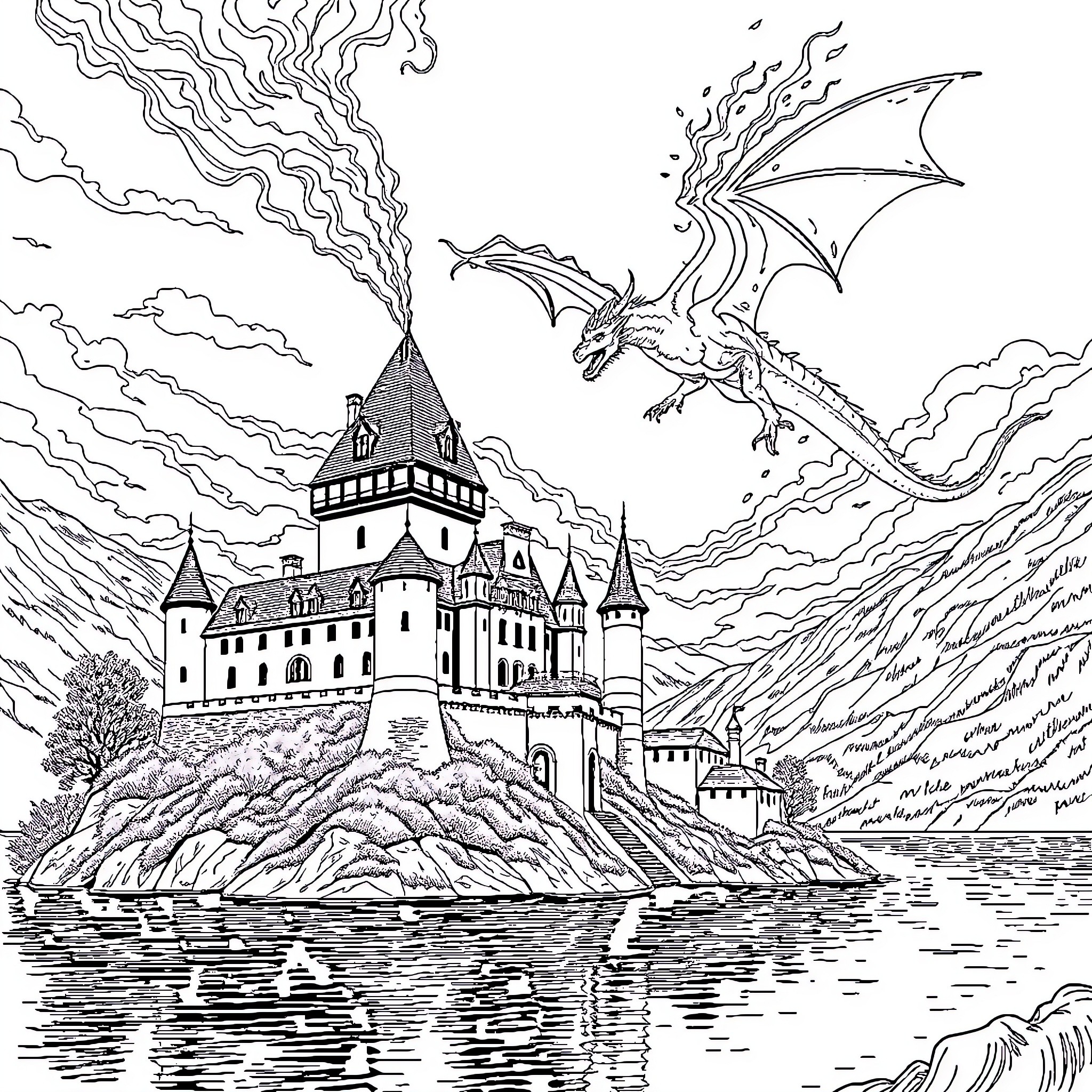 Château of the Majestic Dragon Guarding the Fortress Coloring Page (free black-and-white line drawing printable PDF for all, from beginners to advanced learners, including children, teens, adults, and seniors)