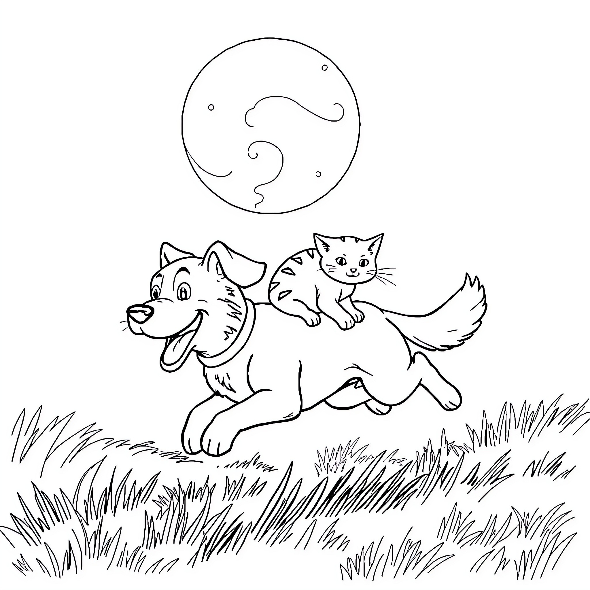 Dog and cat playing joyfully under the moon Coloring Page (free black-and-white line drawing printable PDF for all, from beginners to advanced learners, including children, teens, adults, and seniors)