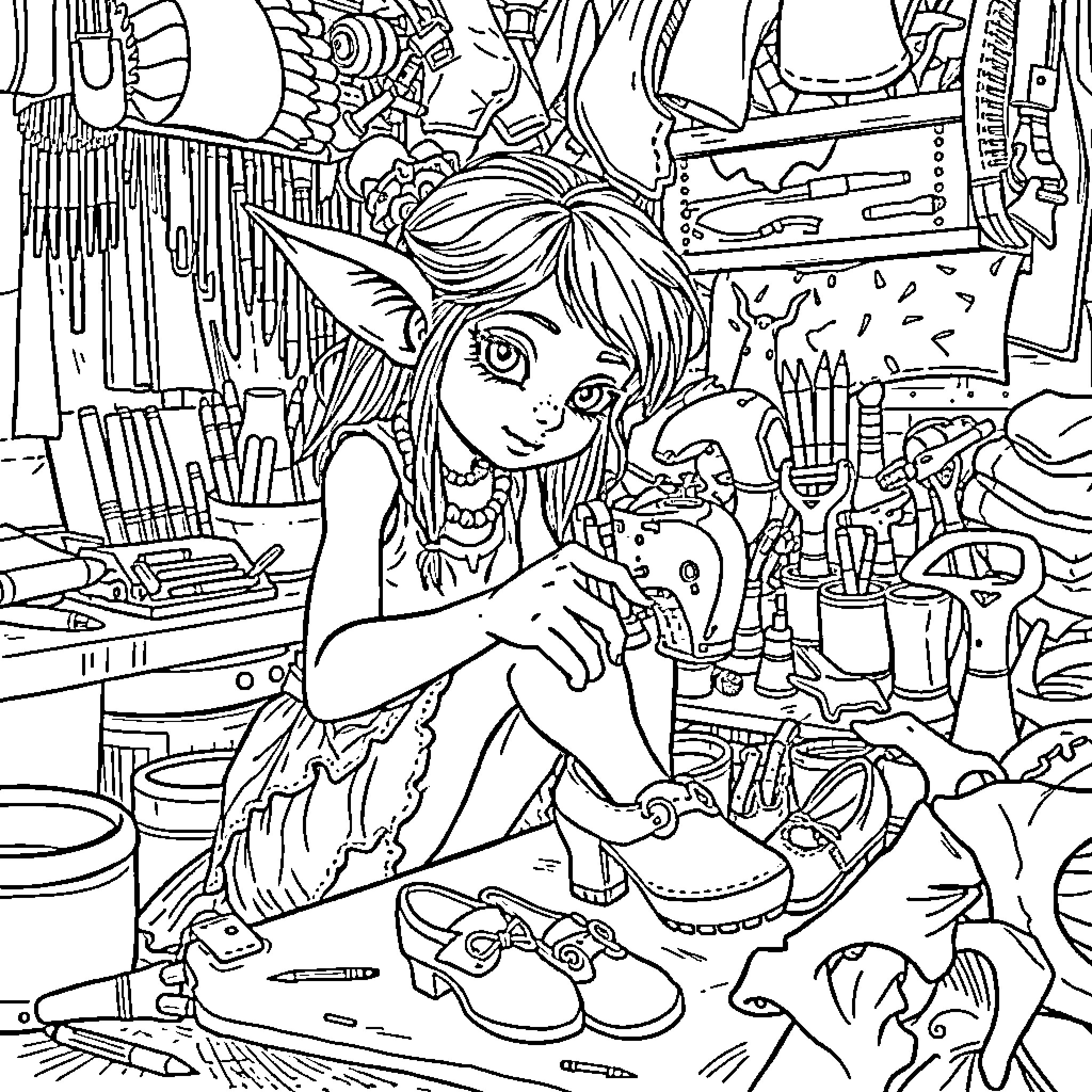 Goblin Girl in Cluttered Workspace Coloring Page (free black-and-white line drawing printable PDF for all, from beginners to advanced learners, including children, teens, adults, and seniors)
