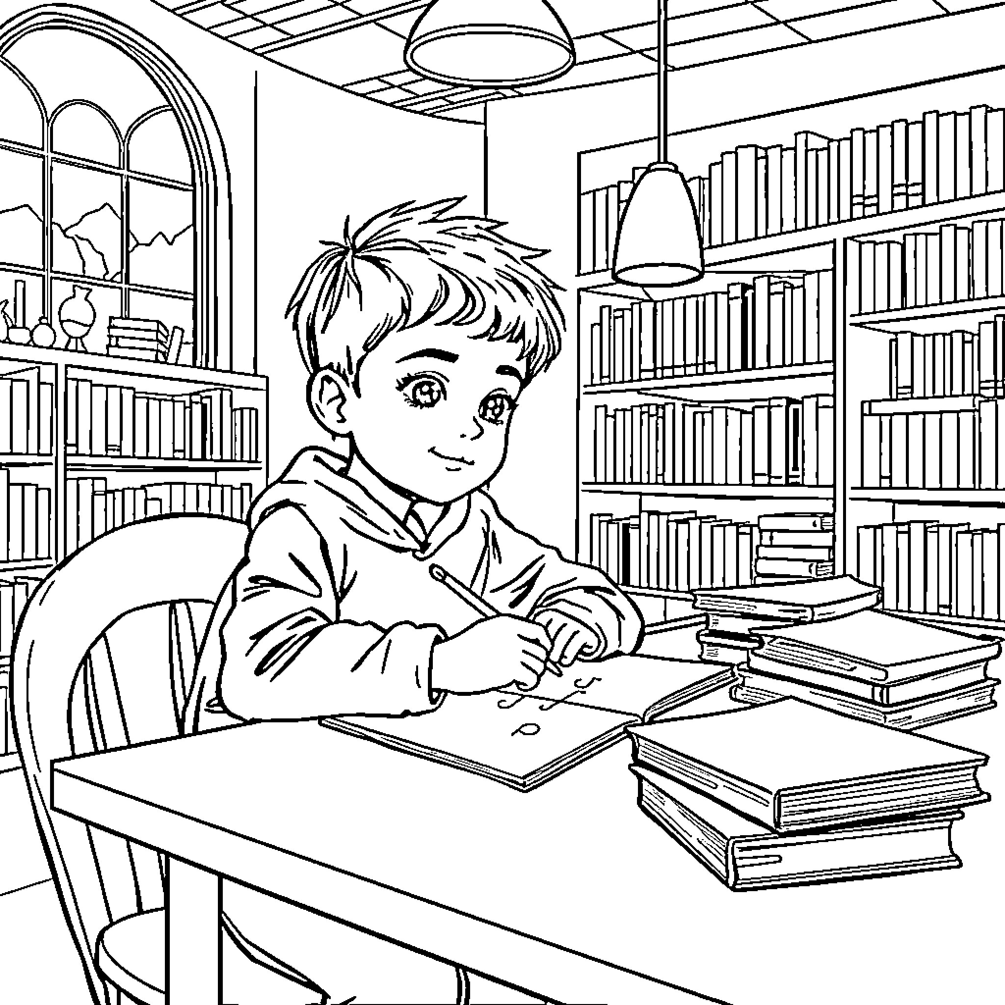 Enfant concentré étudiant dans une bibliothèque Coloring Page (free black-and-white line drawing printable PDF for all, from beginners to advanced learners, including children, teens, adults, and seniors)