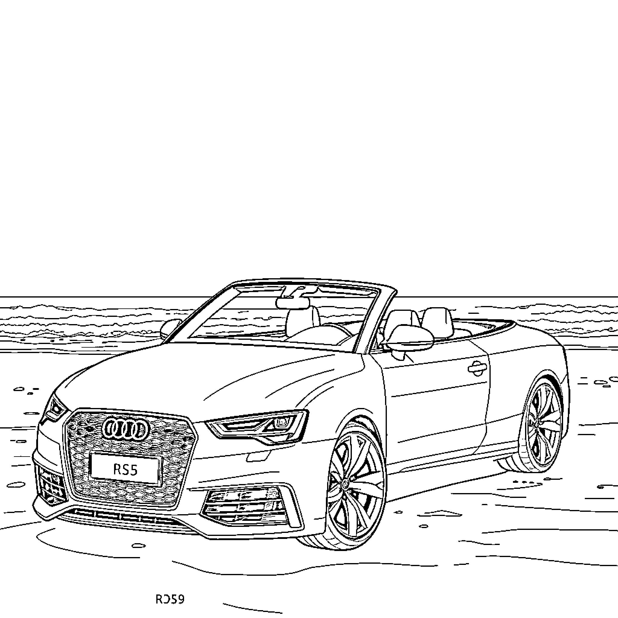 Audi Convertible Enjoying the Seaside Coloring Page (free black-and-white line drawing printable PDF for all, from beginners to advanced learners, including children, teens, adults, and seniors)