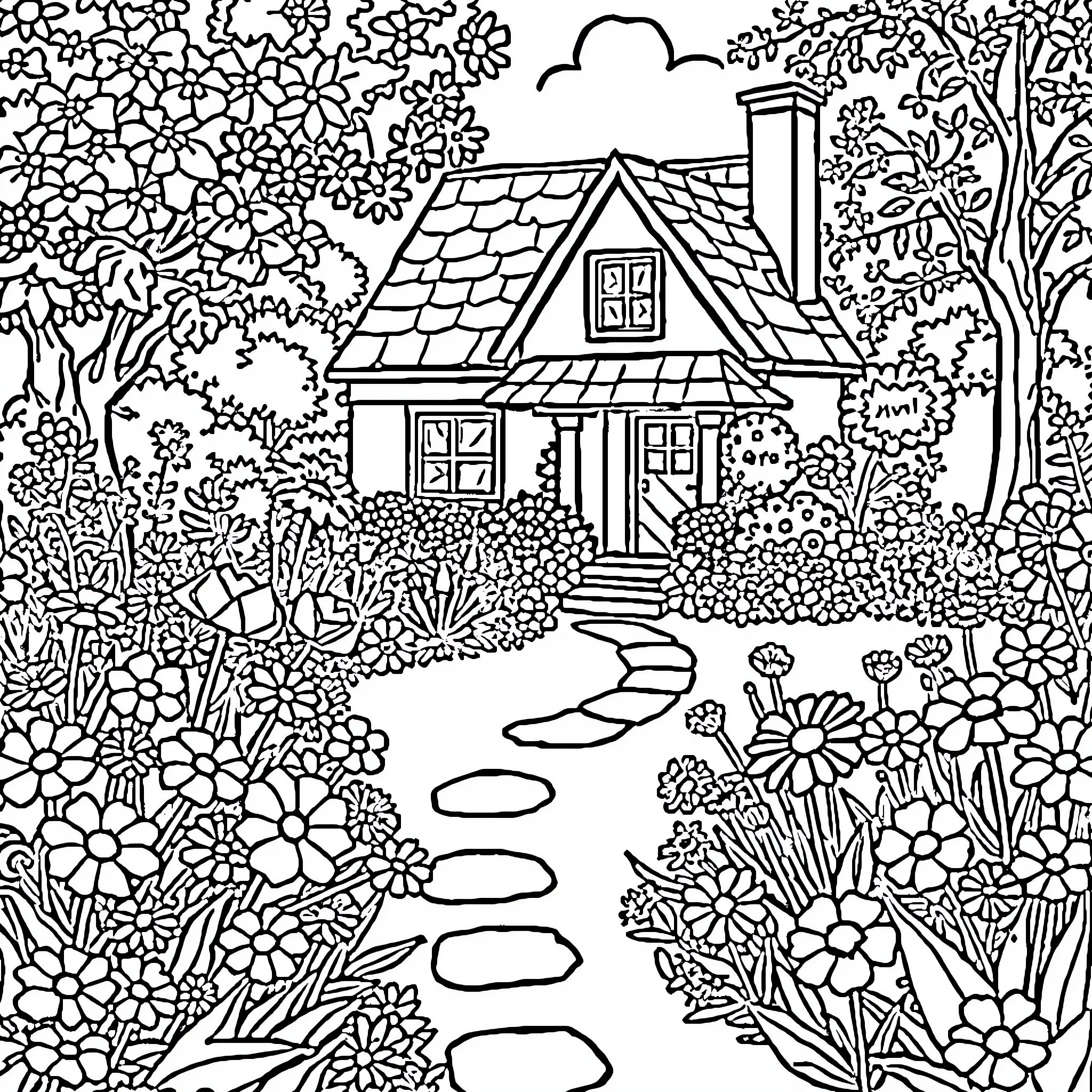 Garden cottage in a blooming floral landscape Coloring Page (free black-and-white line drawing printable PDF for all, from beginners to advanced learners, including children, teens, adults, and seniors)
