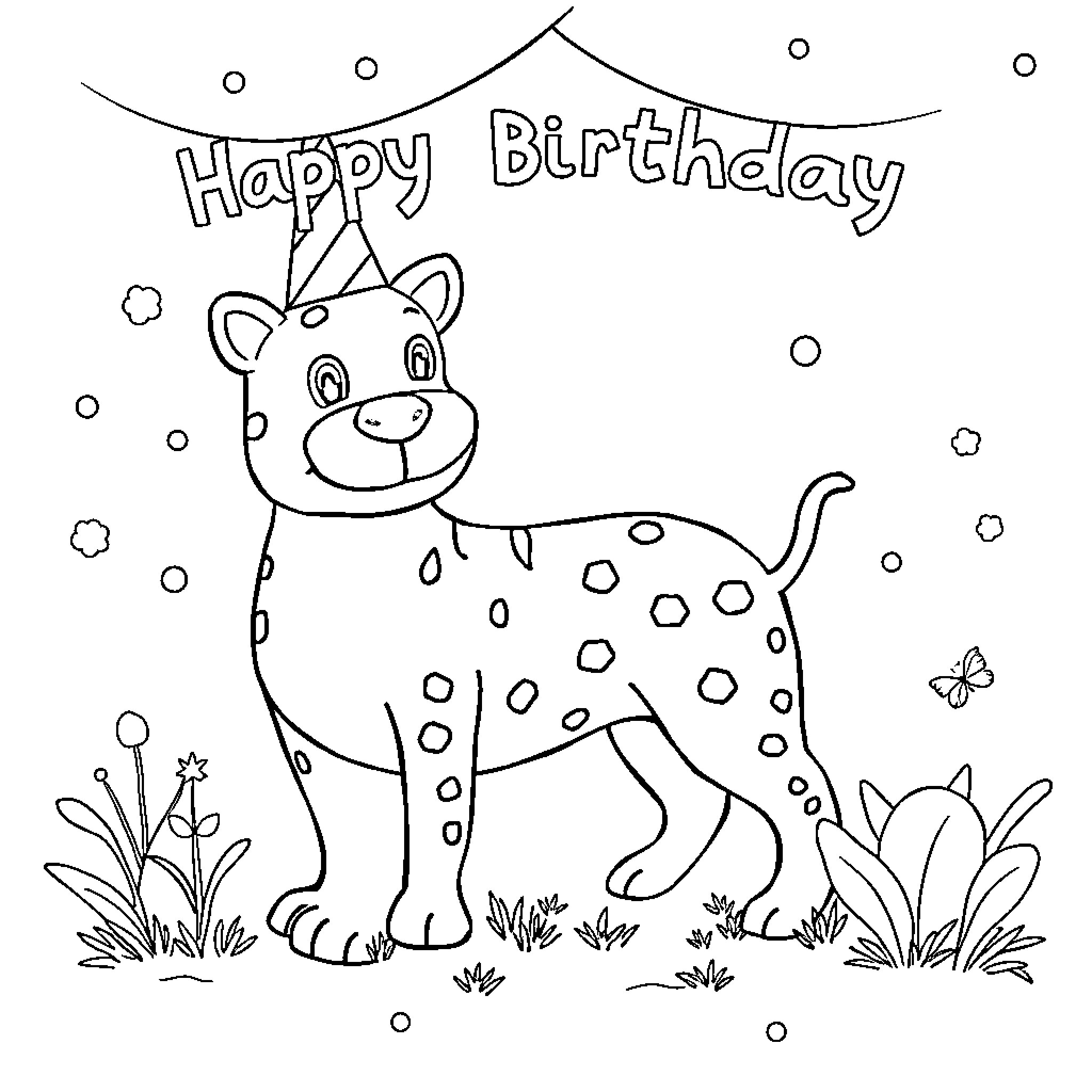 Invitation to a Happy Birthday Celebration with a Spotted Animal Coloring Page (free black-and-white line drawing printable PDF for all, from beginners to advanced learners, including children, teens, adults, and seniors)