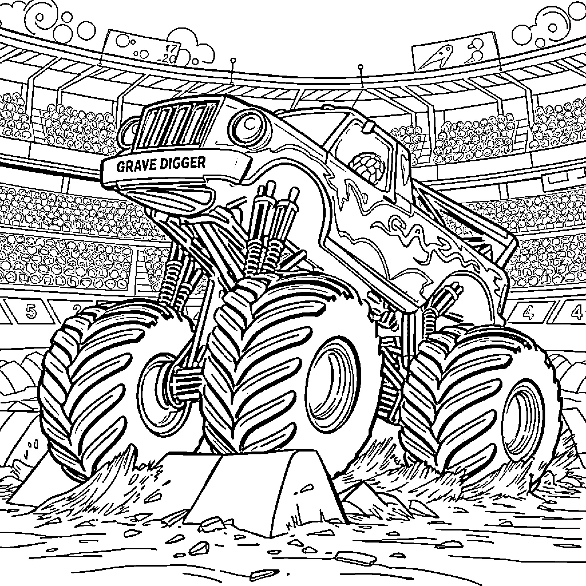 Monster Truck Grave Digger performs stunts in stadium Coloring Page (free black-and-white line drawing printable PDF for all, from beginners to advanced learners, including children, teens, adults, and seniors)