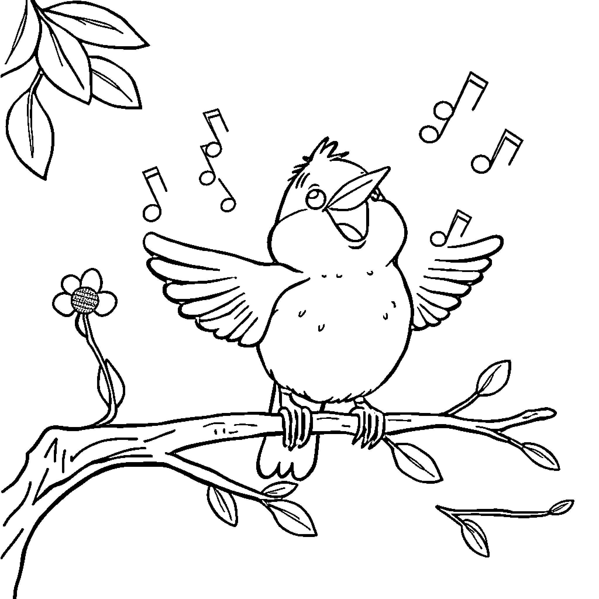 Bird singing joyfully on branch with flowers Coloring Page (free black-and-white line drawing printable PDF for all, from beginners to advanced learners, including children, teens, adults, and seniors)