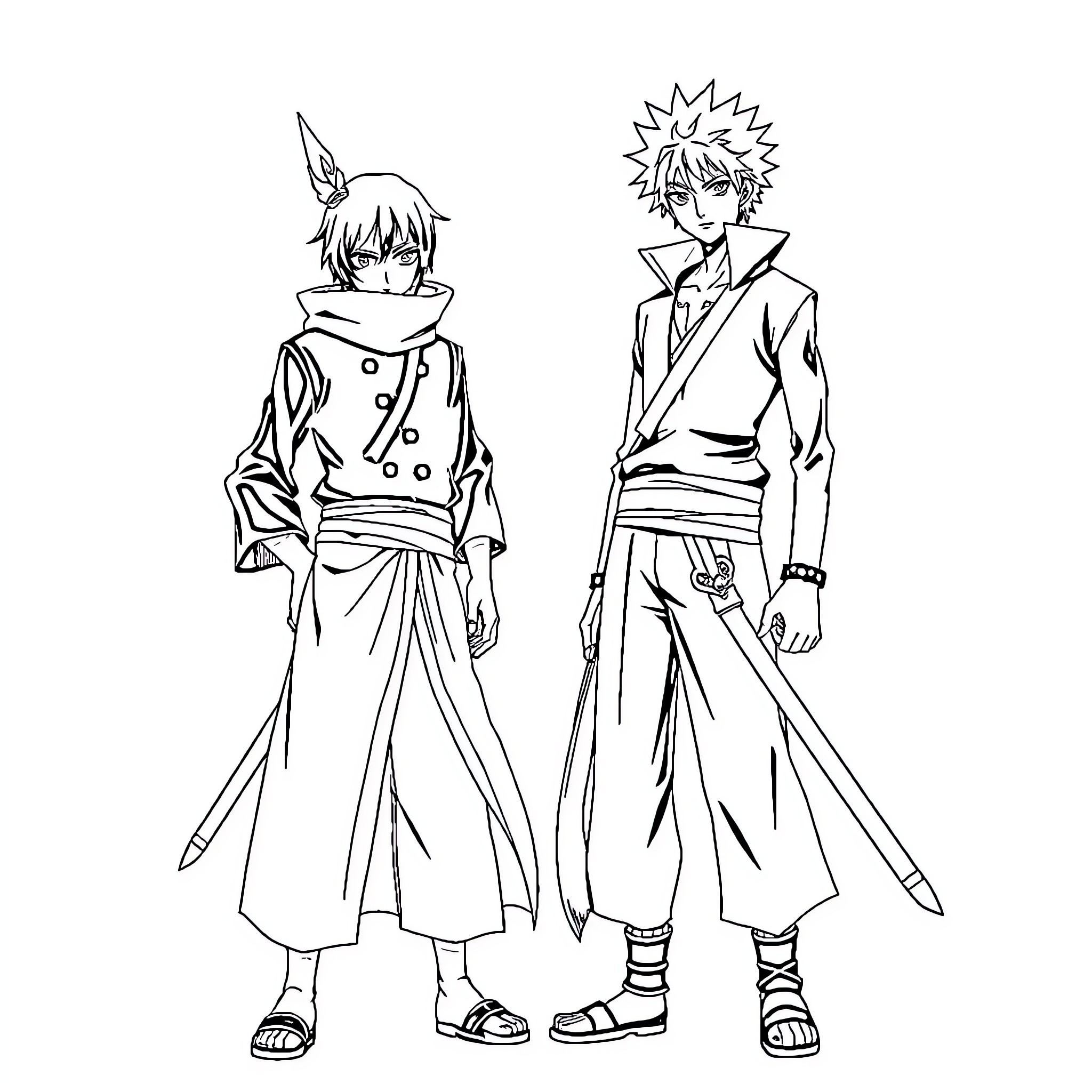 Ichigo Kurosaki and Friend in Action Poses Coloring Page (free black-and-white line drawing printable PDF for all, from beginners to advanced learners, including children, teens, adults, and seniors)