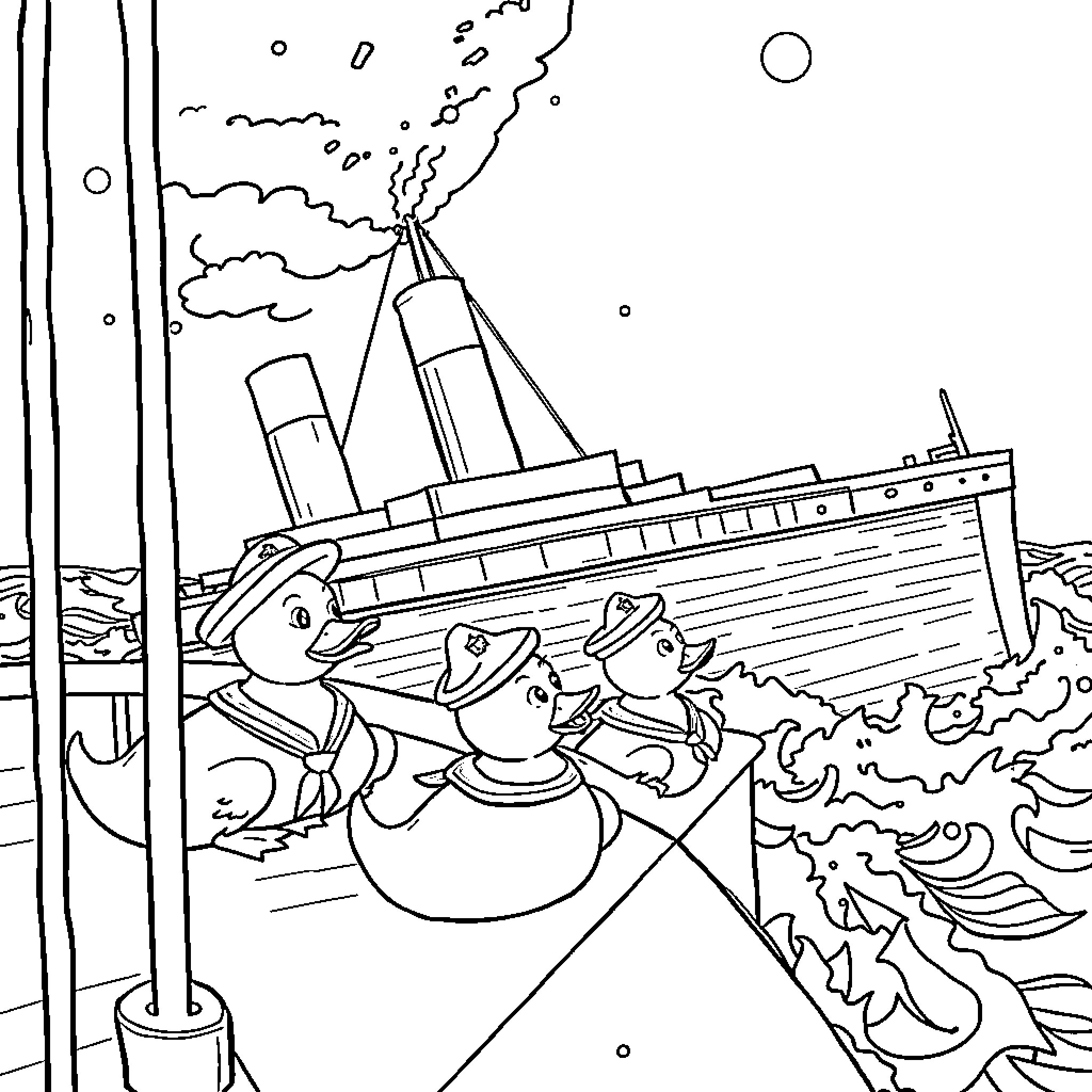 Duck family watching a sinking steamship Coloring Page (free black-and-white line drawing printable PDF for all, from beginners to advanced learners, including children, teens, adults, and seniors)