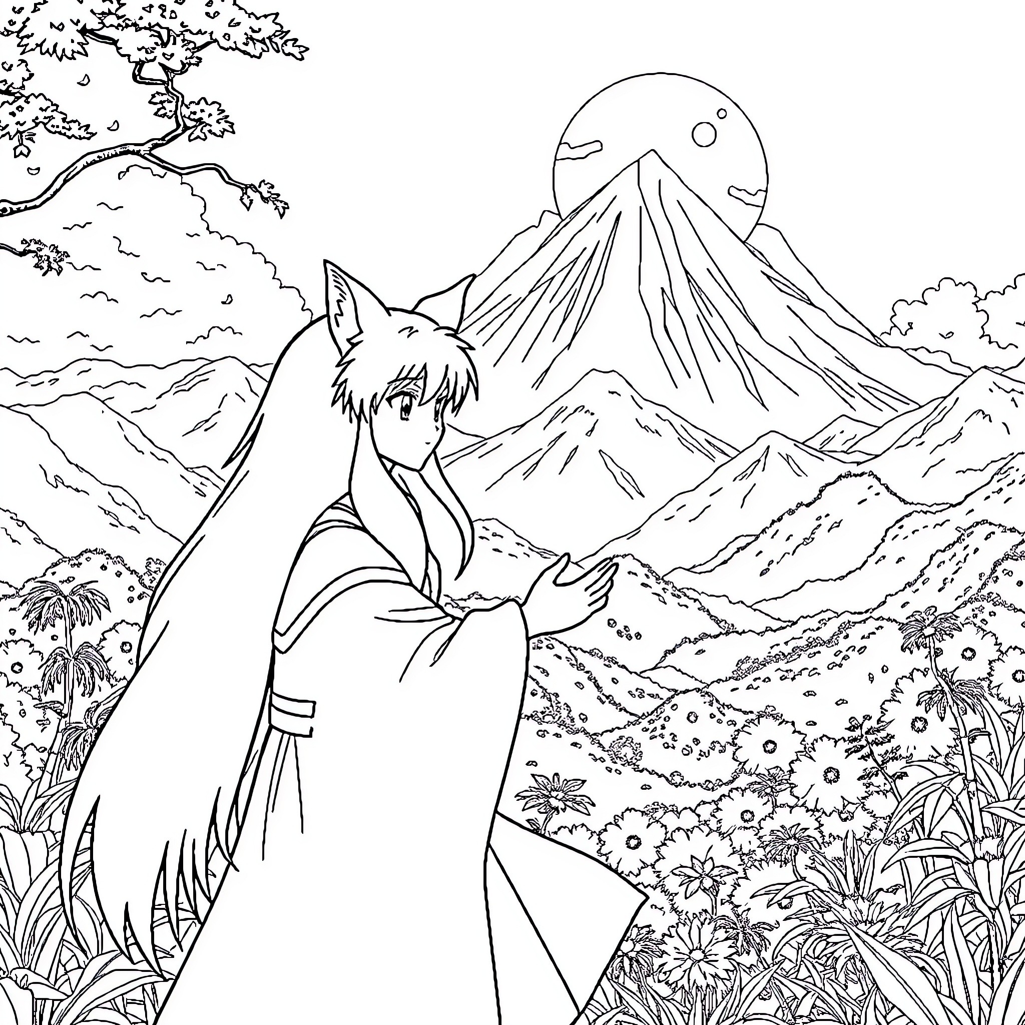 Inuyasha in a Serene Mountain Landscape Coloring Page (free black-and-white line drawing printable PDF for all, from beginners to advanced learners, including children, teens, adults, and seniors)