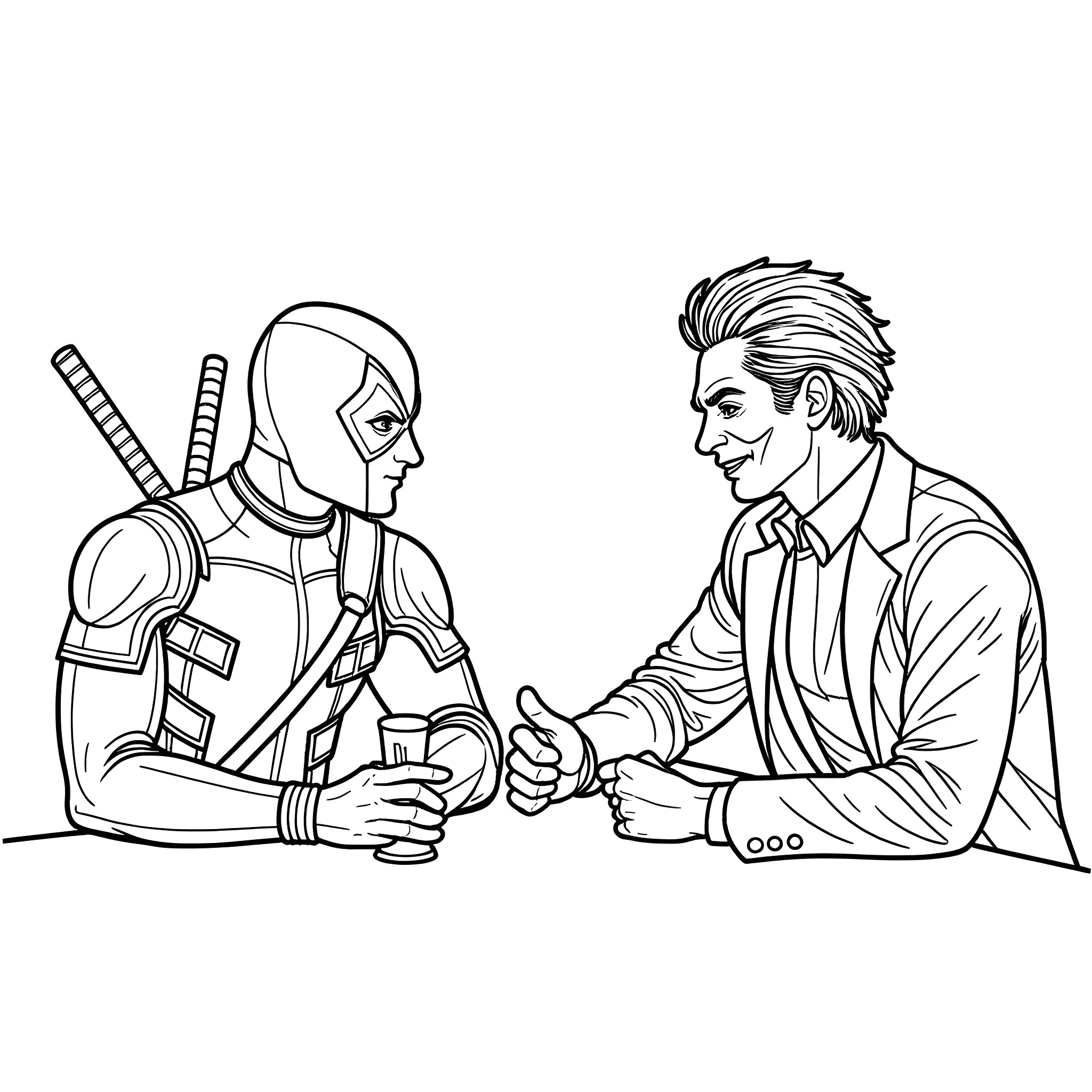 Deadpool's Unexpected Meeting with a Dapper Gentleman Coloring Page (free black-and-white line drawing printable PDF for all, from beginners to advanced learners, including children, teens, adults, and seniors)