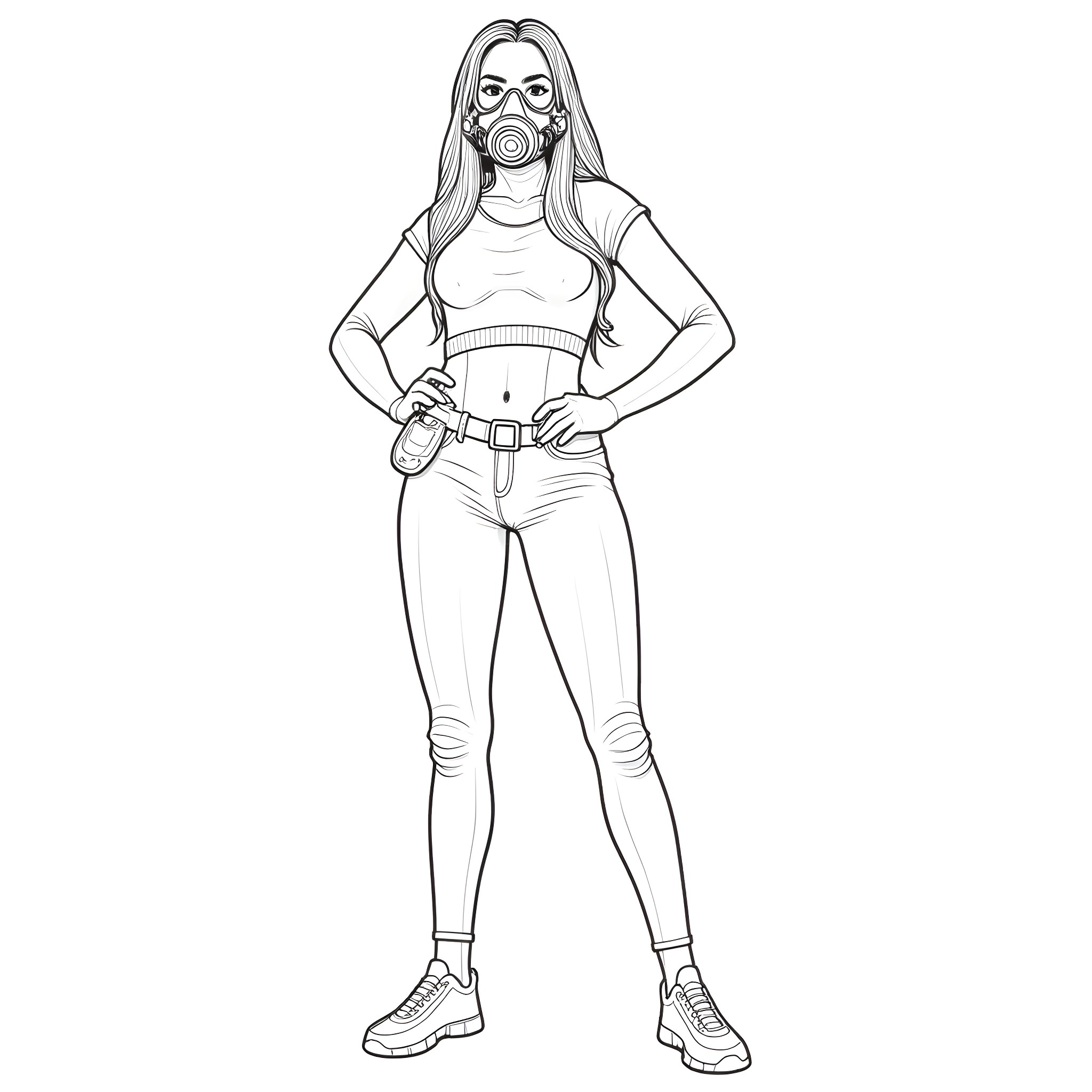 Jennifer Lopez wearing a mask and casual outfit Coloring Page (free black-and-white line drawing printable PDF for all, from beginners to advanced learners, including children, teens, adults, and seniors)