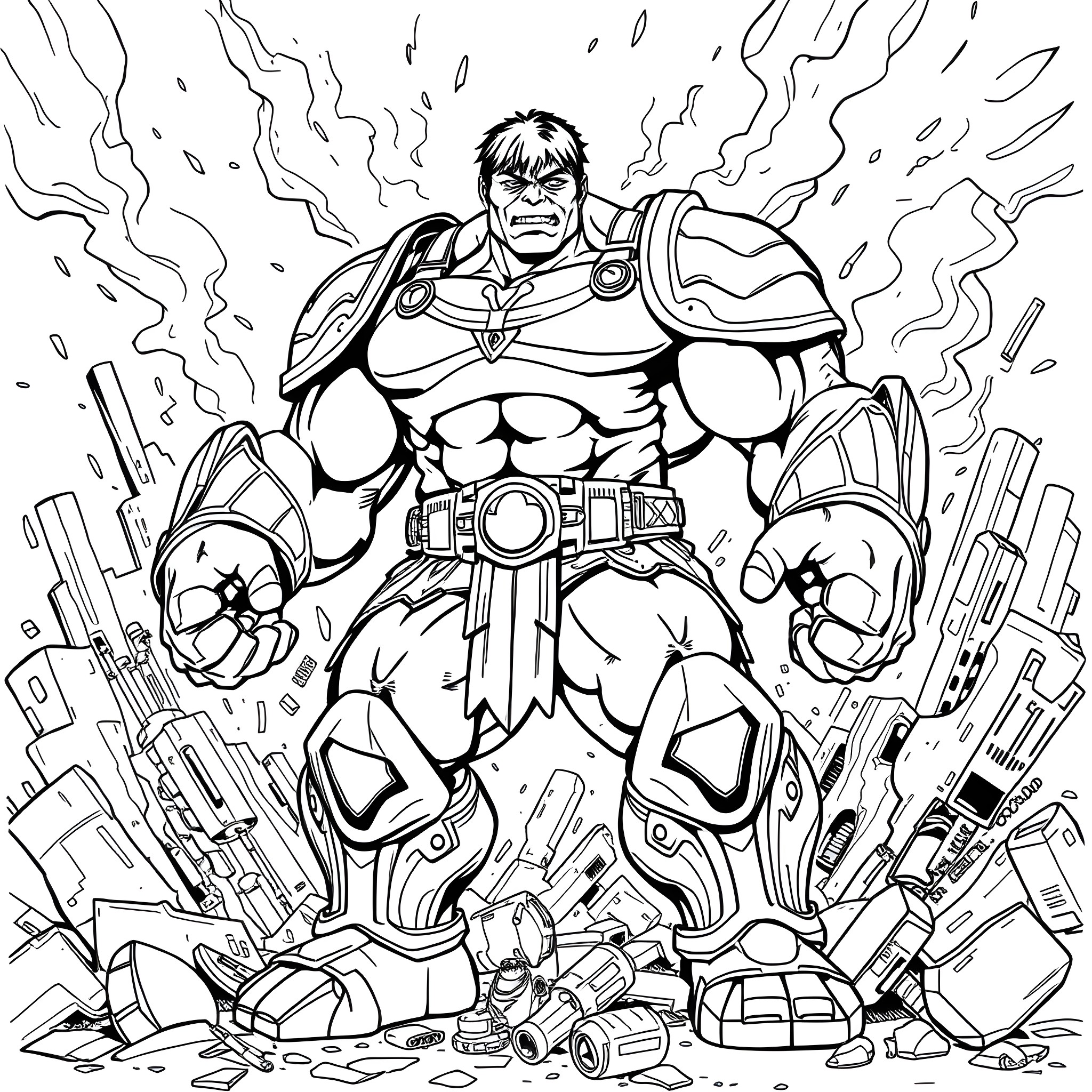 Hulk Smashing Through City in Rage Coloring Page (free black-and-white line drawing printable PDF for all, from beginners to advanced learners, including children, teens, adults, and seniors)