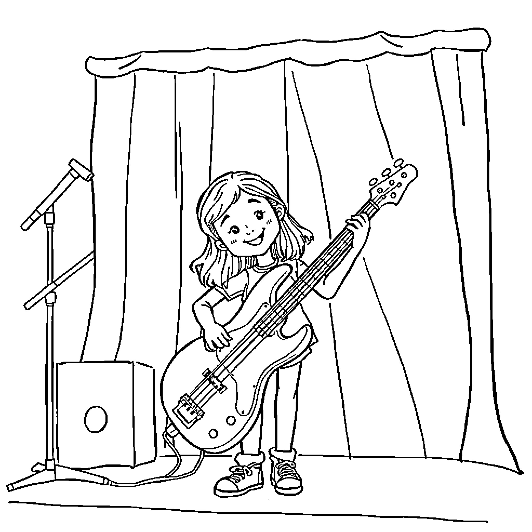 Girl playing guitar on stage Coloring Page (free black-and-white line drawing printable PDF for all, from beginners to advanced learners, including children, teens, adults, and seniors)