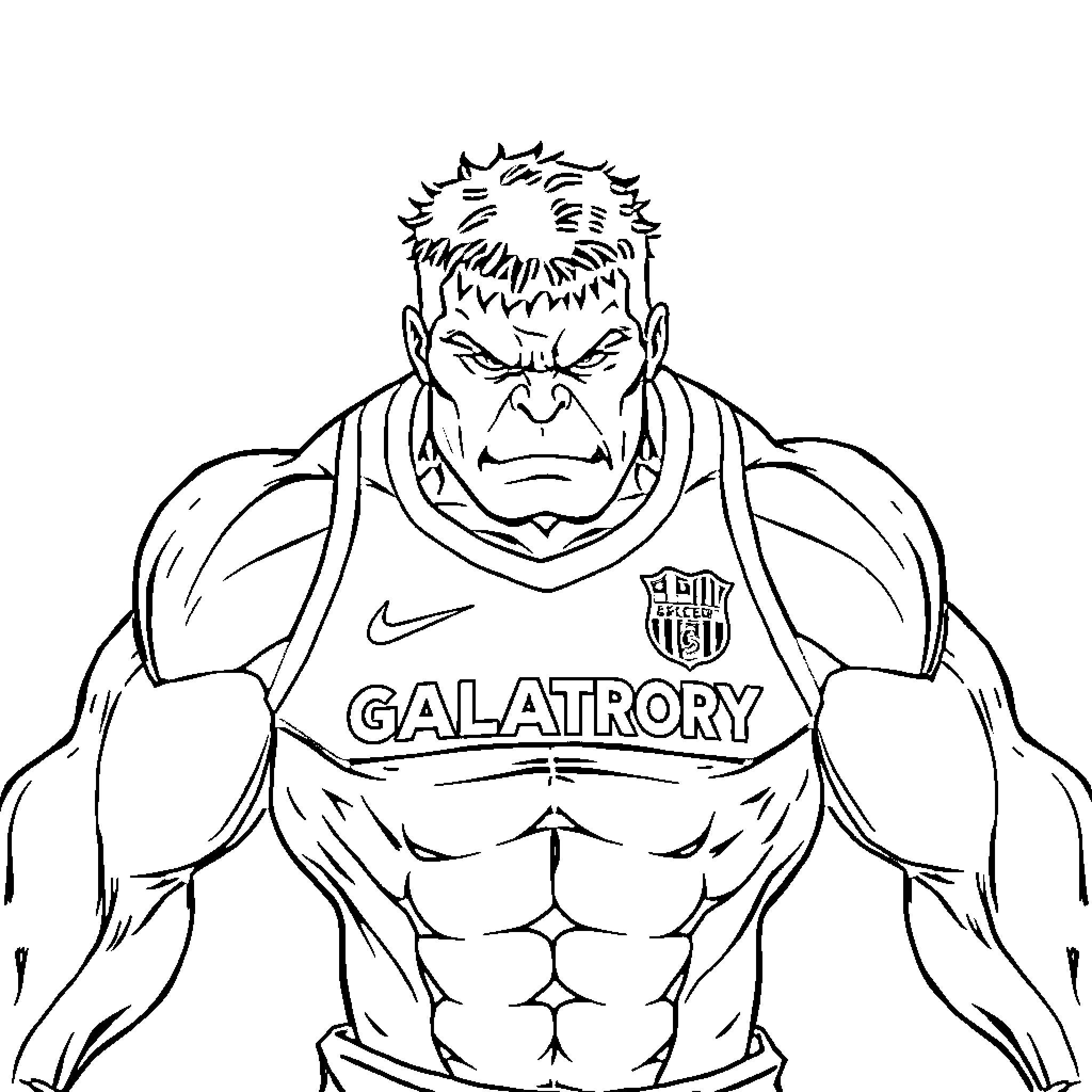 Hulk in fierce sports uniform posing with muscular physique Coloring Page (free black-and-white line drawing printable PDF for all, from beginners to advanced learners, including children, teens, adults, and seniors)