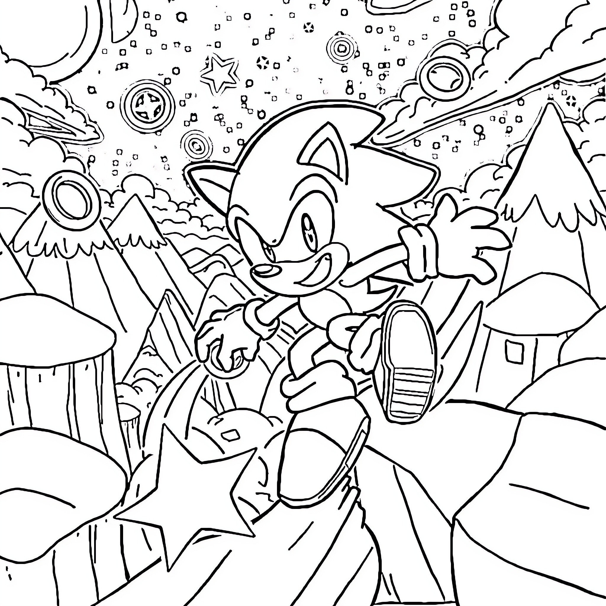 Sonic's Adventurous Journey in a Whimsical Landscape Coloring Page (free black-and-white line drawing printable PDF for all, from beginners to advanced learners, including children, teens, adults, and seniors)