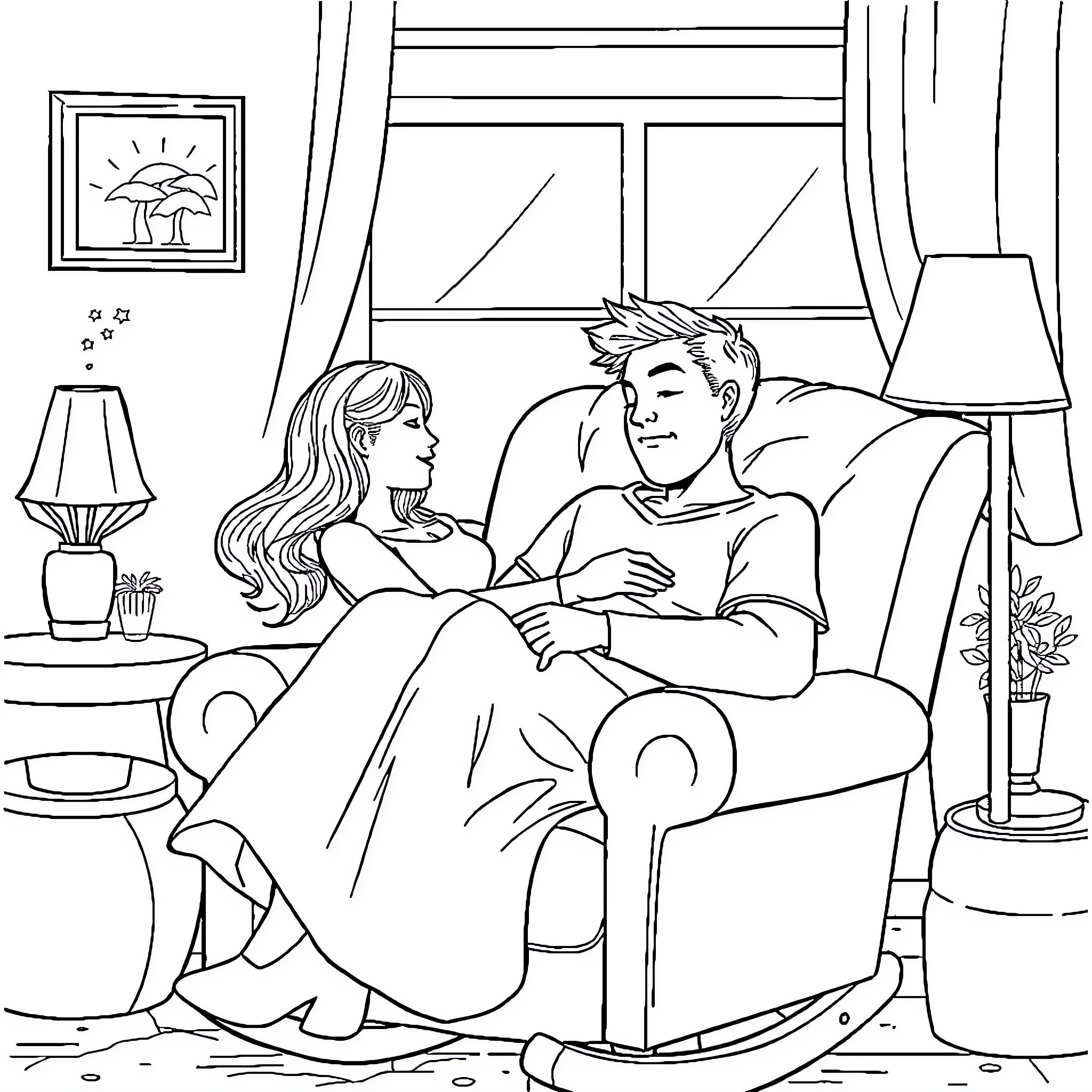 Wife and Husband Relaxing in Cozy Living Room Coloring Page (free black-and-white line drawing printable PDF for all, from beginners to advanced learners, including children, teens, adults, and seniors)