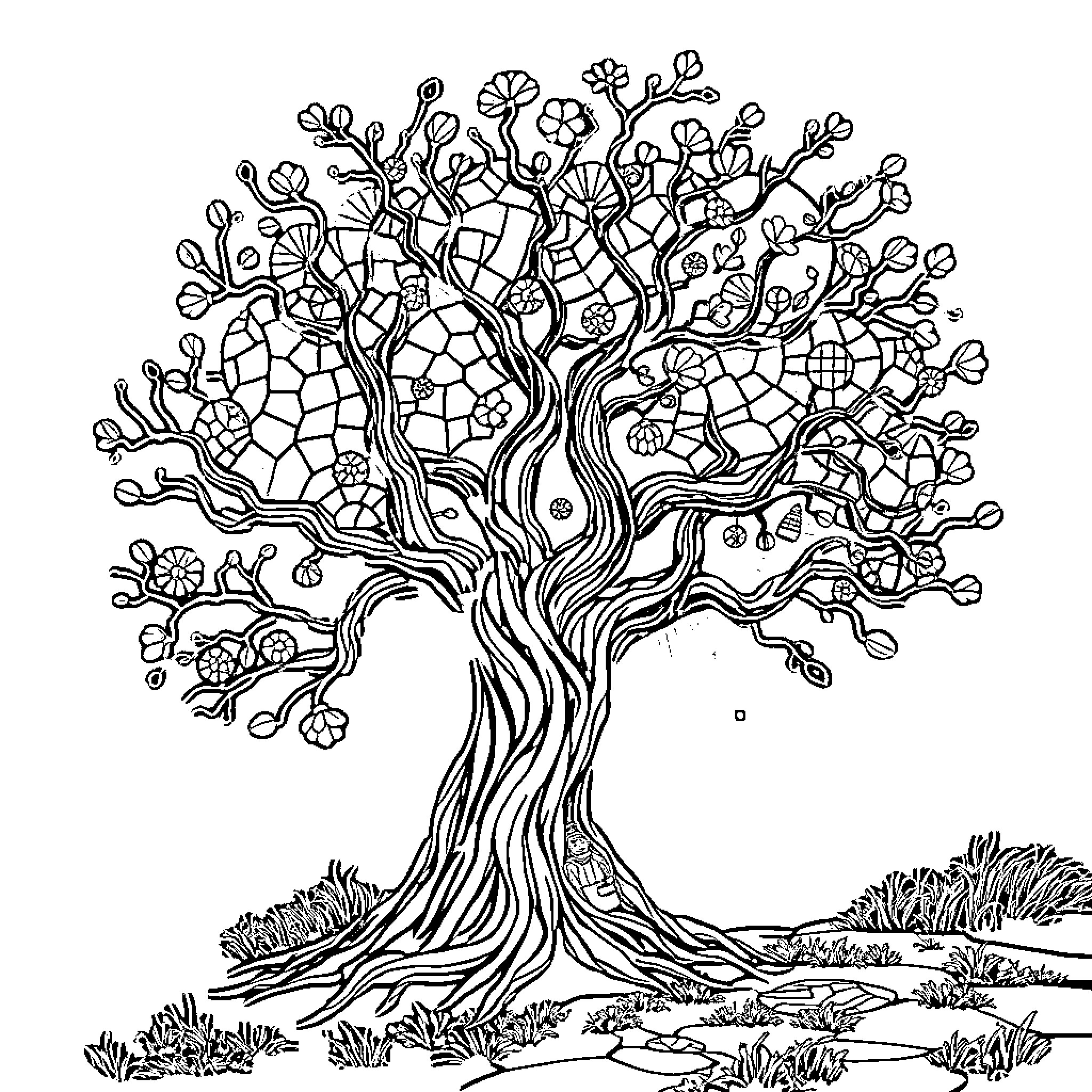 Tree of intricate designs in nature Coloring Page (free black-and-white line drawing printable PDF for all, from beginners to advanced learners, including children, teens, adults, and seniors)