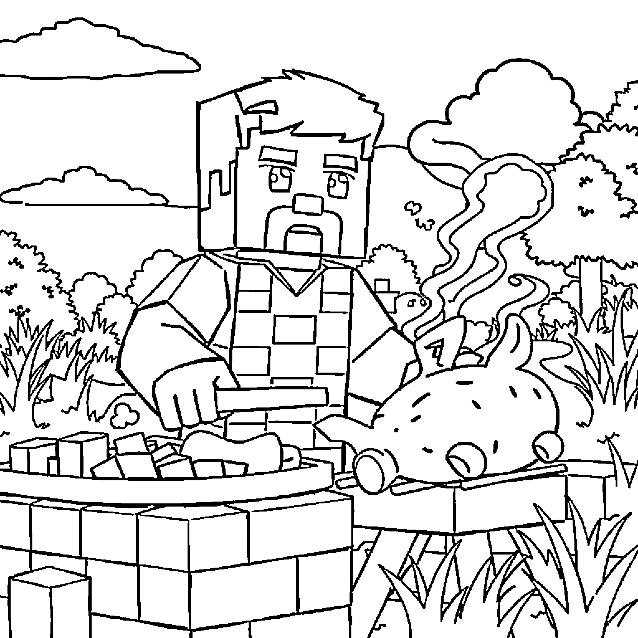 Steve's Pixelated Adventure in the Wilderness Coloring Page (free black-and-white line drawing printable PDF for all, from beginners to advanced learners, including children, teens, adults, and seniors)