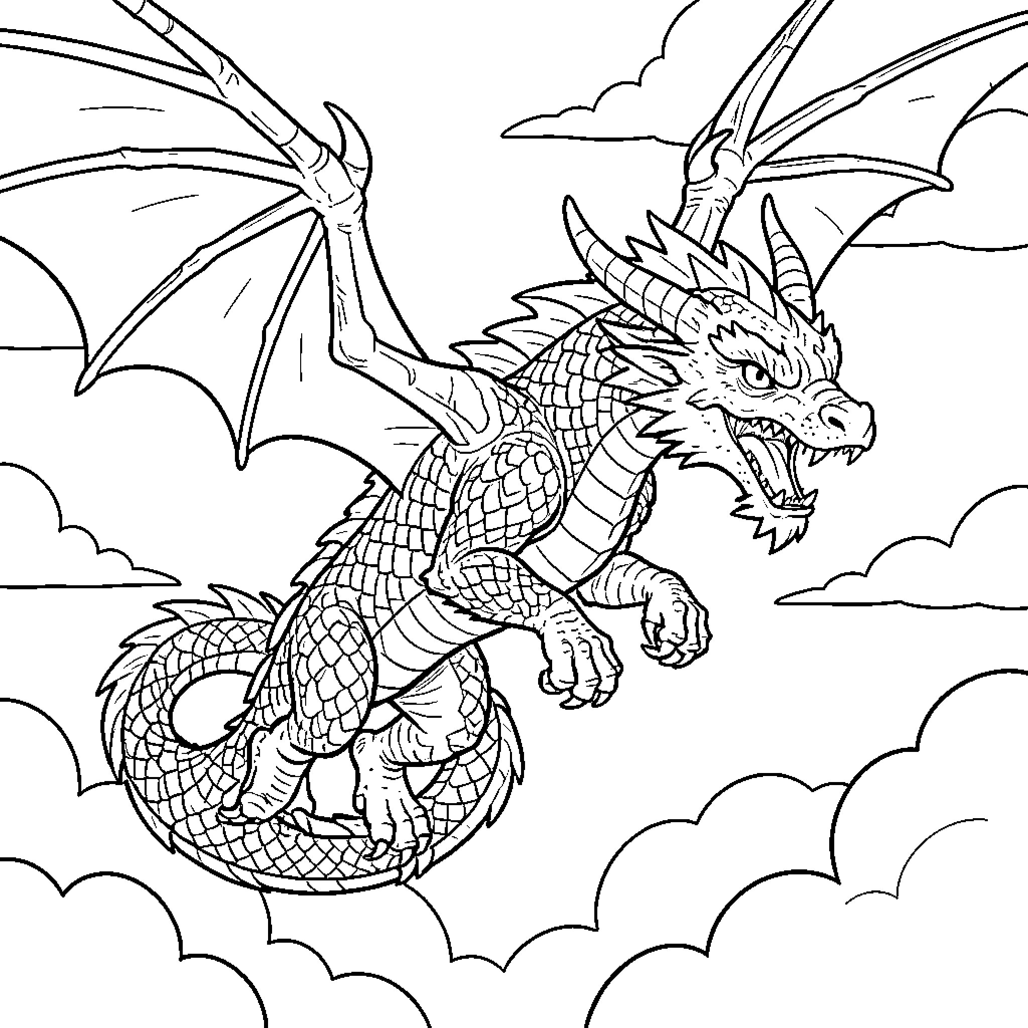 Dragon flying majestically through the clouds Coloring Page (free black-and-white line drawing printable PDF for all, from beginners to advanced learners, including children, teens, adults, and seniors)