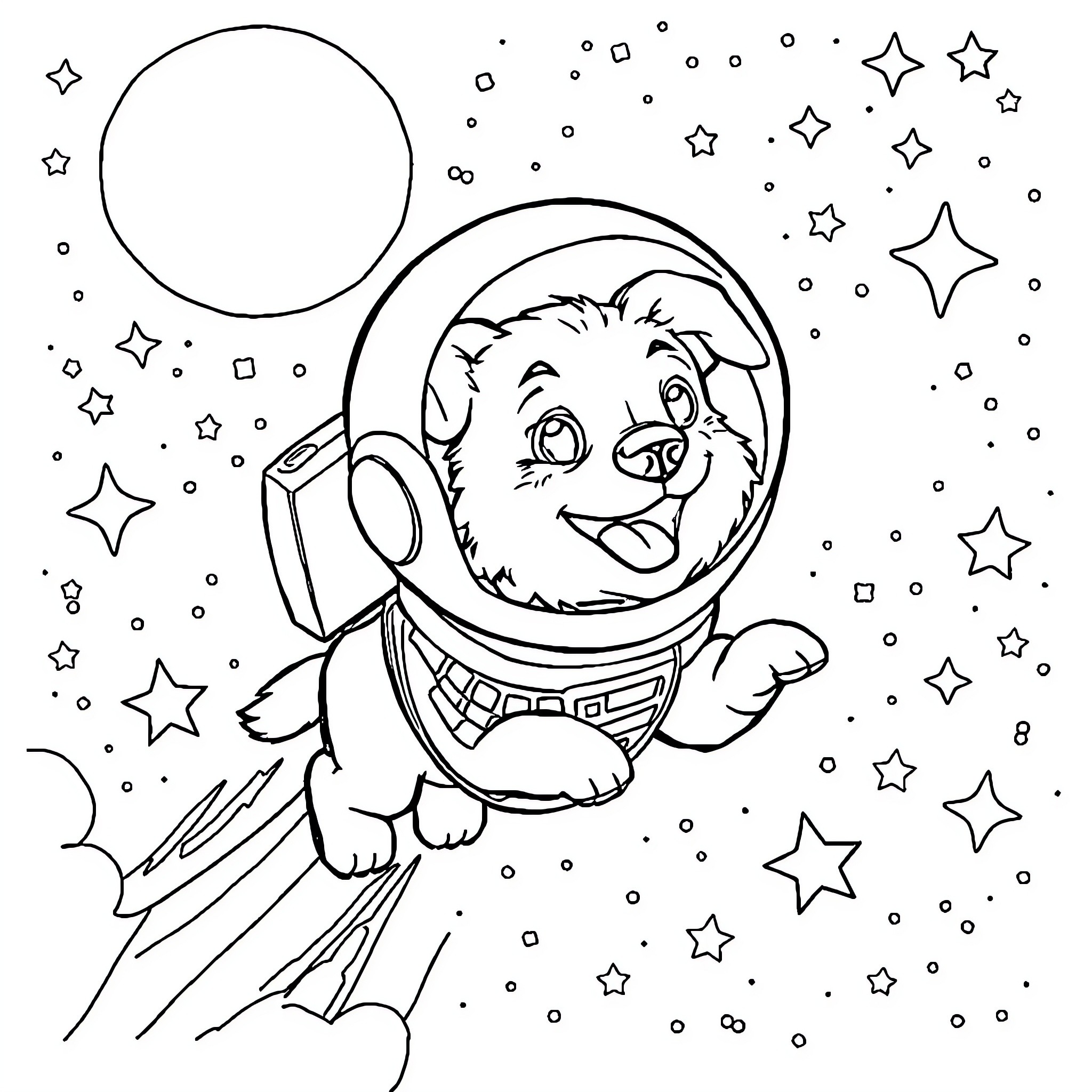 Dog astronaut exploring the cosmos Coloring Page (free black-and-white line drawing printable PDF for all, from beginners to advanced learners, including children, teens, adults, and seniors)