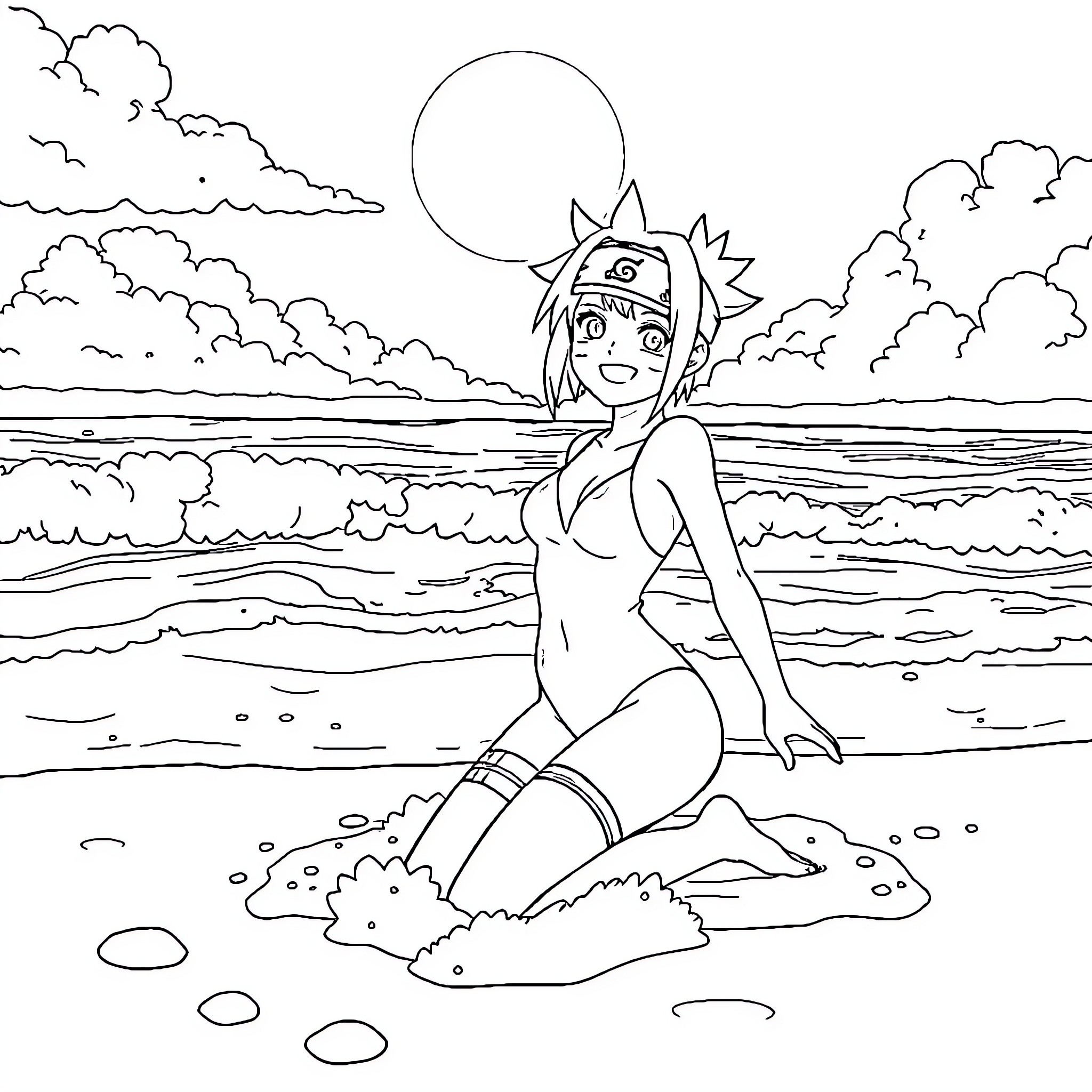 Naruto enjoying the beach at sunset Coloring Page (free black-and-white line drawing printable PDF for all, from beginners to advanced learners, including children, teens, adults, and seniors)