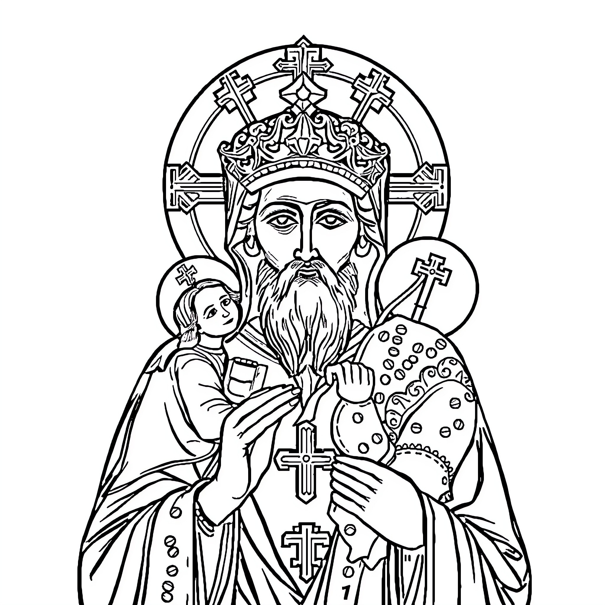 Icon of Patriarch with Cross and Child Coloring Page (free black-and-white line drawing printable PDF for all, from beginners to advanced learners, including children, teens, adults, and seniors)